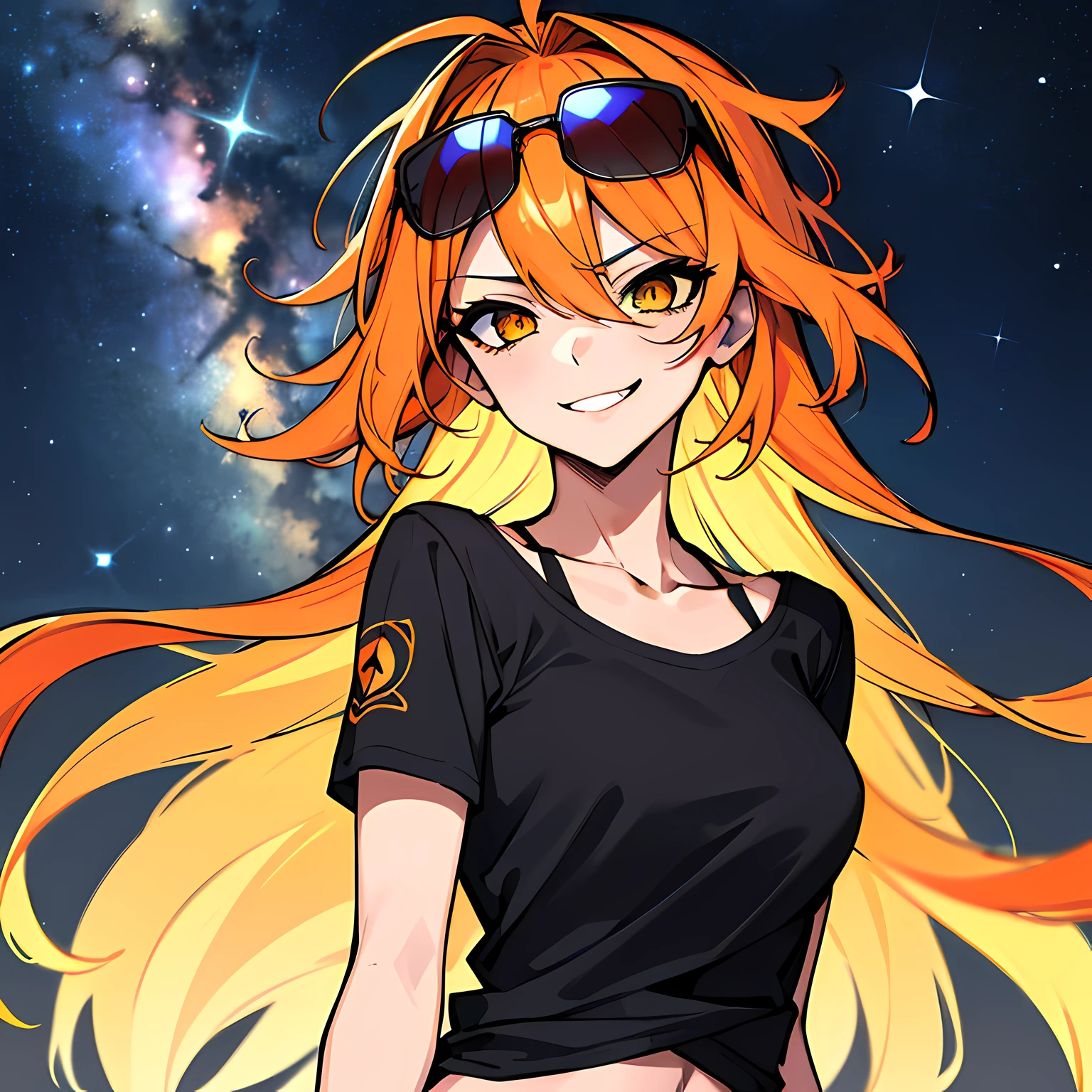 (absurdres, 8k, 4k, masterpiece, hyper extreme detailed:1.2), solo, 1girl, front view portrait, best quality, expressive eyes, perfect face, 1girl, portrait, solo, Female, mature female, adult, red hair, orange gradients, hair covering eye, medium hair, cool, confident, wild hair, messy hair, night time, cowboy shot, half body, perfect anatomy, flowing hair, windy hair, wind, fearless, cool, badass, shirt, rugged, golden eyes, starry night sky, stars, night, smirk, badass, heroic, sunglasses, smirk, orange swimwear, bikini,