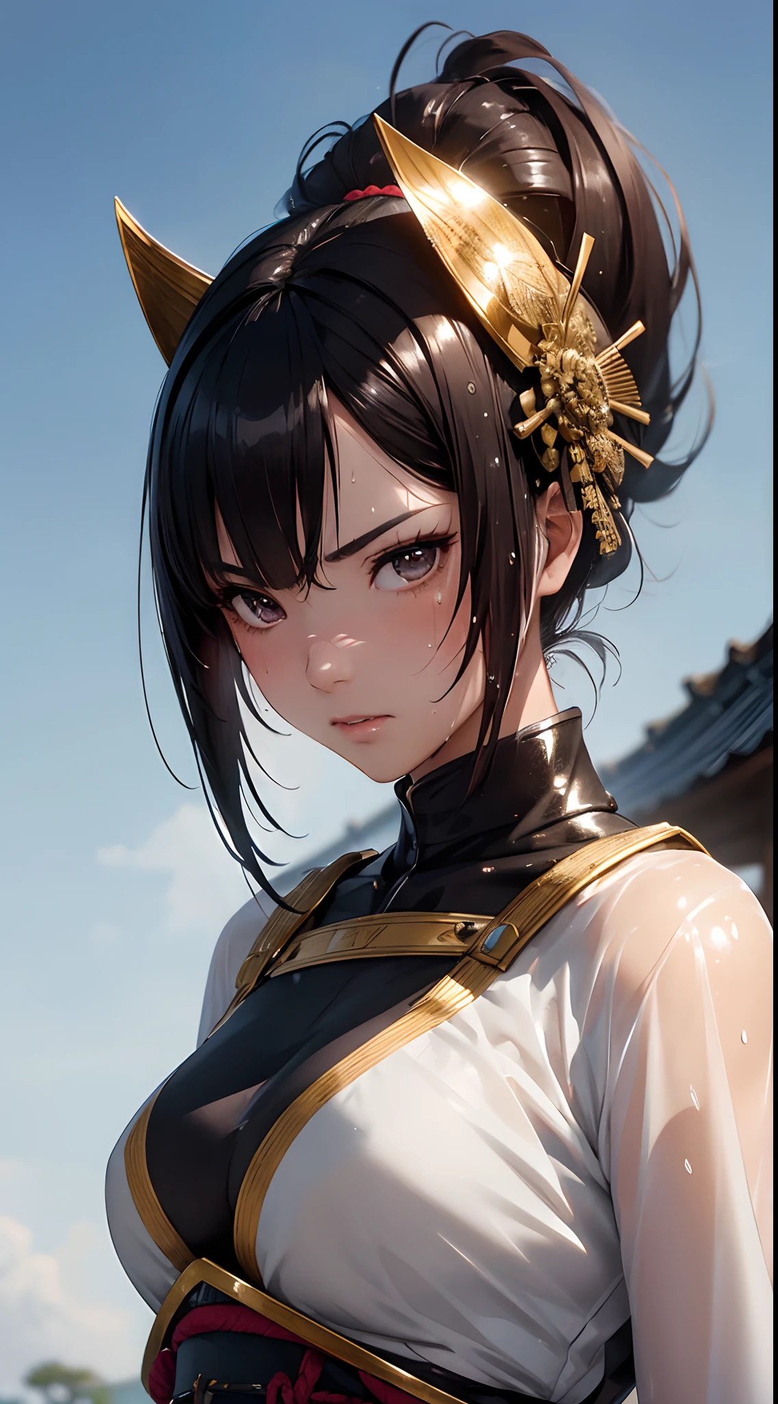 1girl, solo, samurai armor, masterpiece, best quality, realistic, hyper-detailed, (shiny skin, sweaty:1.4), absurd, looking at viewer, short black hair, brown eyes, slender, dynamic lighting, high resolution, sharp focus, depth of field, detailed eyes, sharp pupils, realistic pupils, outdoor, sky