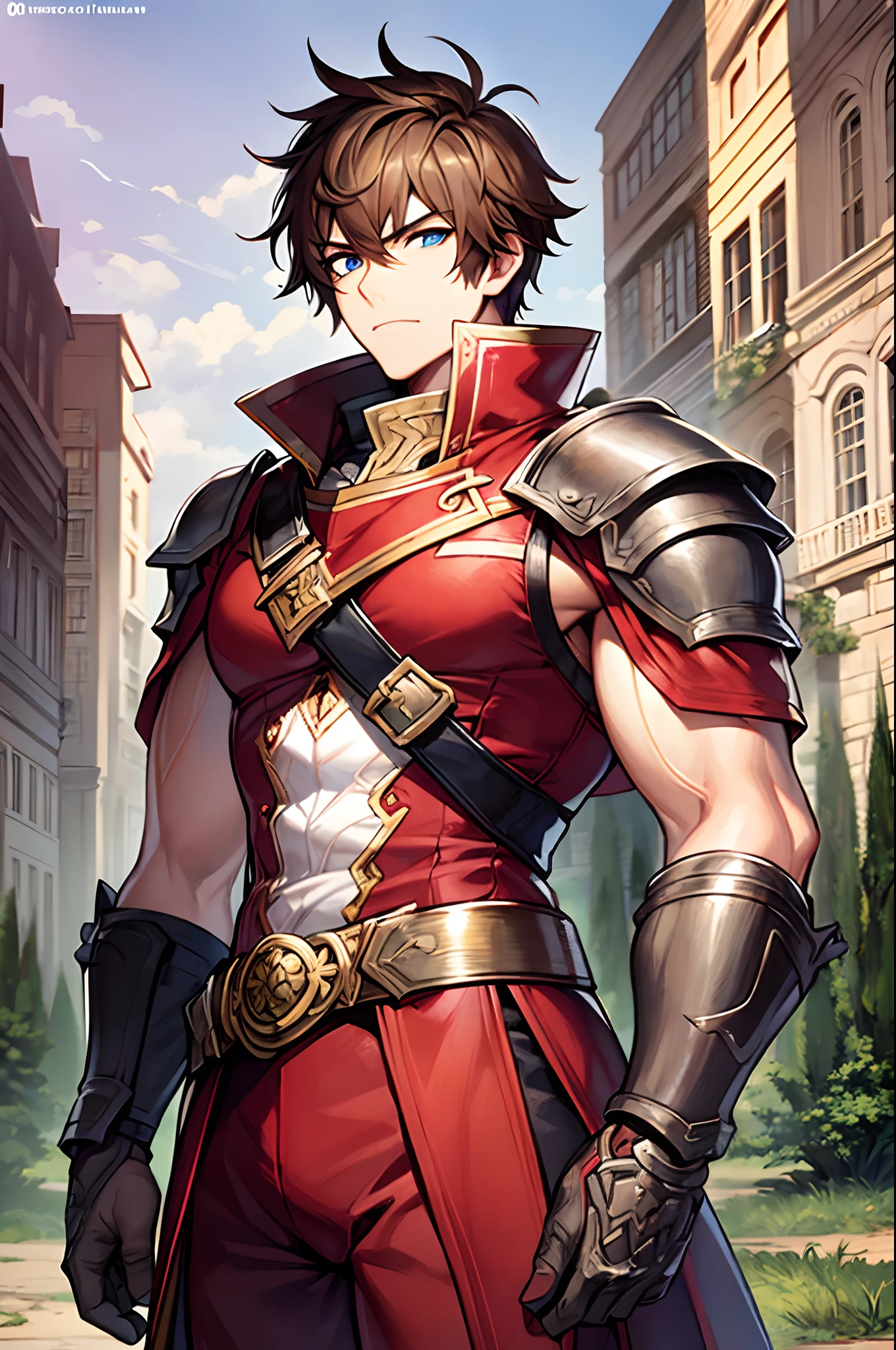 Adventurers Uniform, red clothing, black coat, young man, 20 years, light brown hair, short hair, blue eyes, detailed eyes, beautiful eyes, muscular, tall, 6.3 foot tall, serious pose, strong, masterpiece, detailed design, fields background, dirt path background, adventurer world