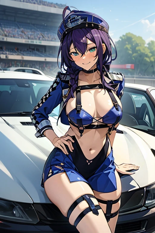 long hair, mole under mouth, purple hair, single braid, hair between eyes, aqua eyes, sharp teeth, ahoge, blush, smile, cowboy shot, baltimorerace, 1girl,solo,large breasts, car,sitting, sitting on car, outdoors,white headwear