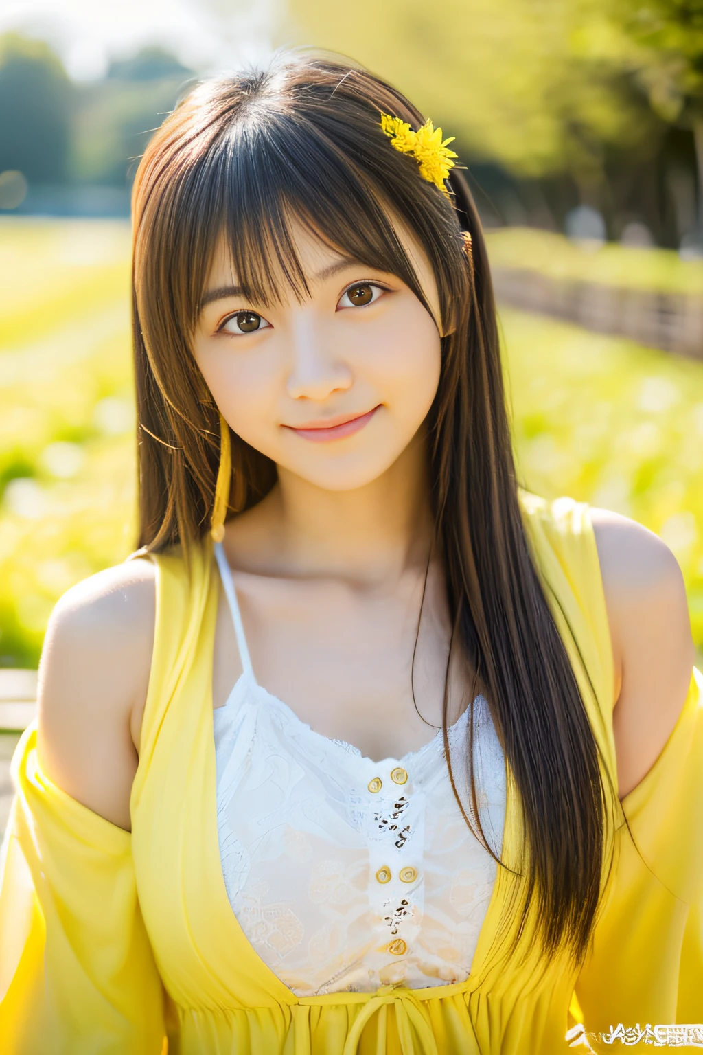 (Best Quality,8ｋ,Absolutely beautiful:1.2)、(cute Japanese girls:1.8、Perfect gravure idol),(爆乳),Japan dandelion、Yellow World、Spring breeze、