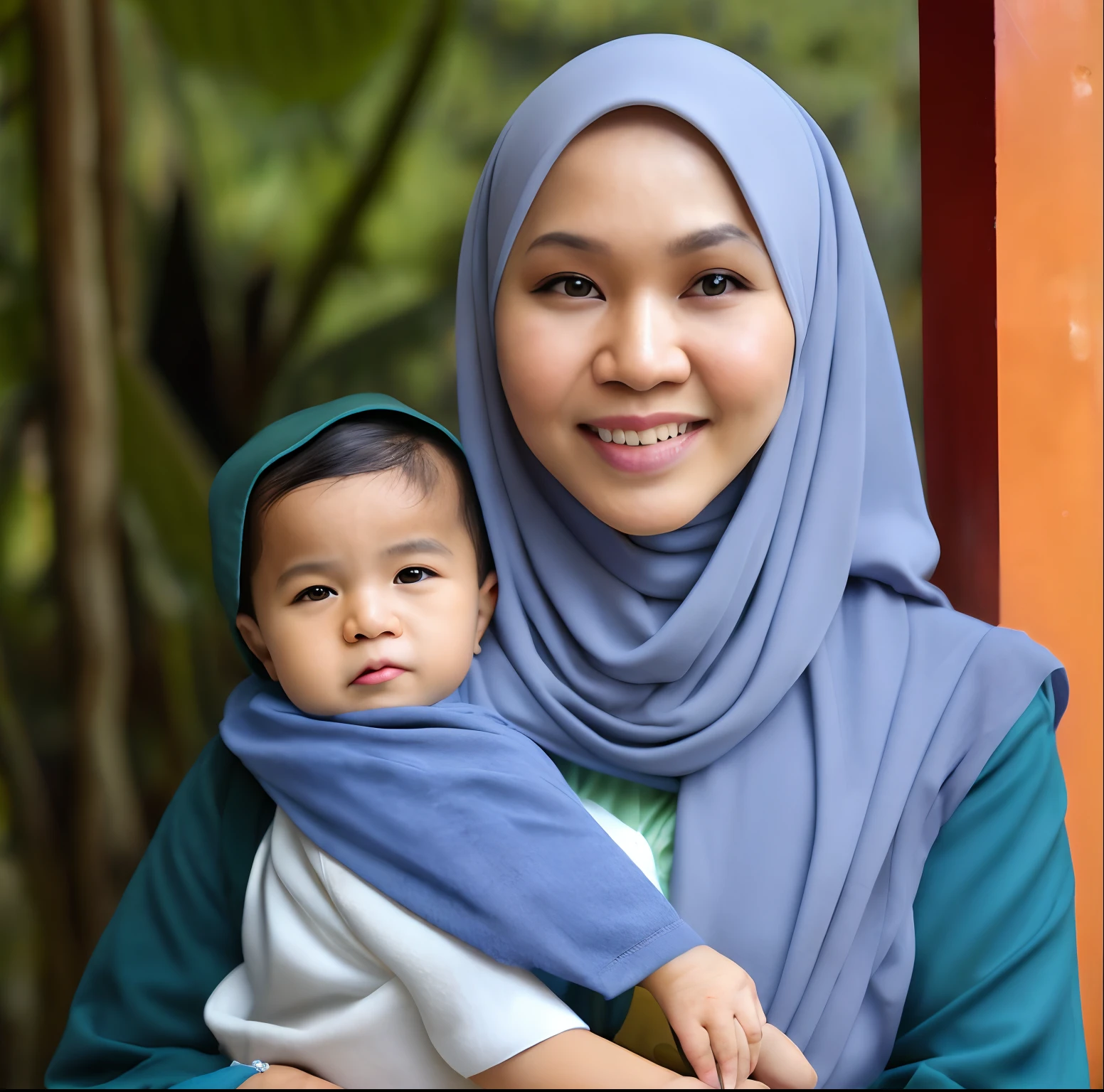 boy grabbing malay woman breast from behind, malay woman wearing hijab and pyjamas , kitchen