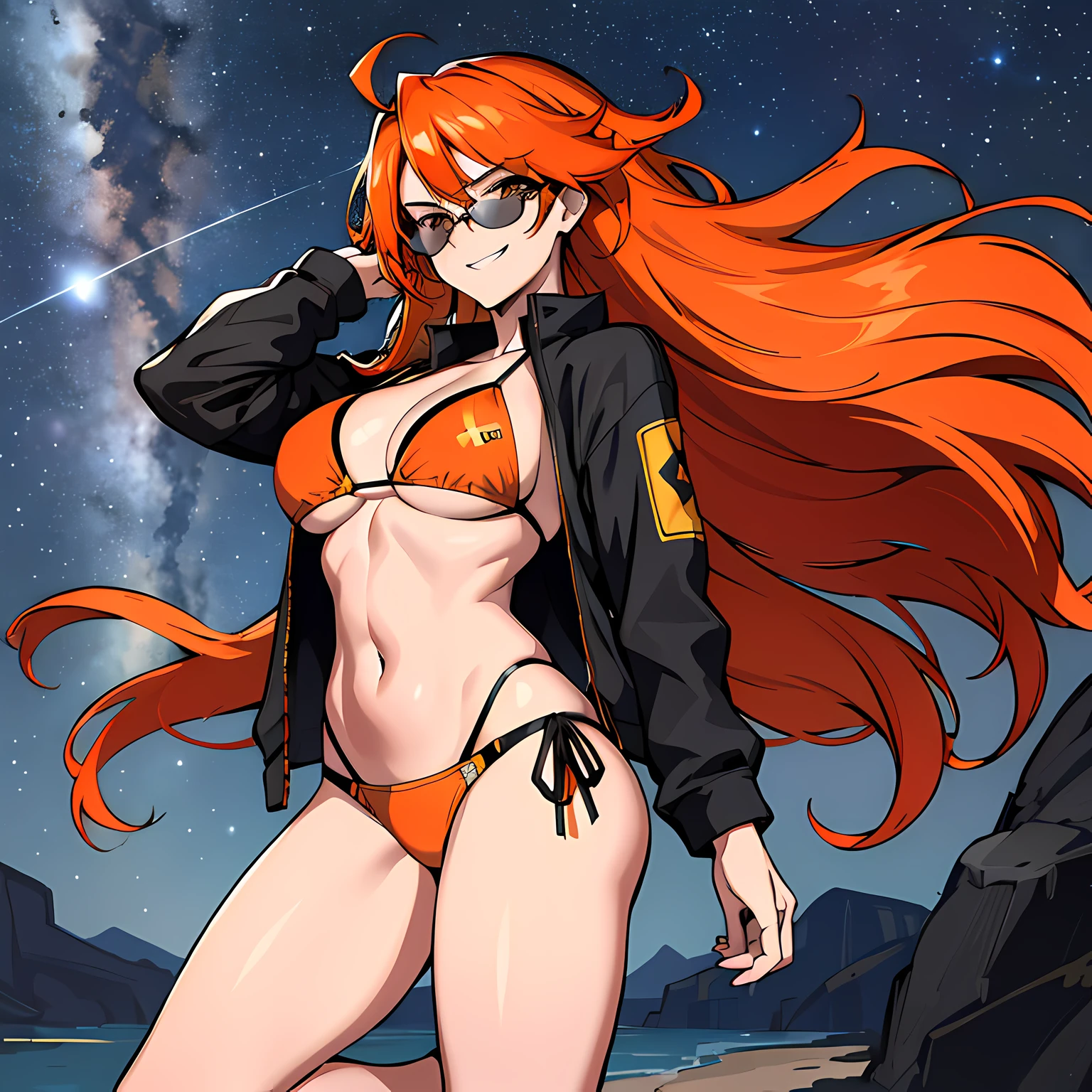 (absurdres, 8k, 4k, masterpiece, hyper extreme detailed:1.2), solo, 1girl, front view portrait, best quality, expressive eyes, perfect face, 1girl, portrait, solo, Female, mature female, adult, red hair, orange gradients, hair covering eye, medium hair, cool, confident, wild hair, messy hair, night time, cowboy shot, half body, perfect anatomy, flowing hair, windy hair, wind, fearless, cool, badass, shirt, rugged, golden eyes, starry night sky, stars, night, smirk, badass, heroic, sunglasses, smirk, orange swimwear, bikini,