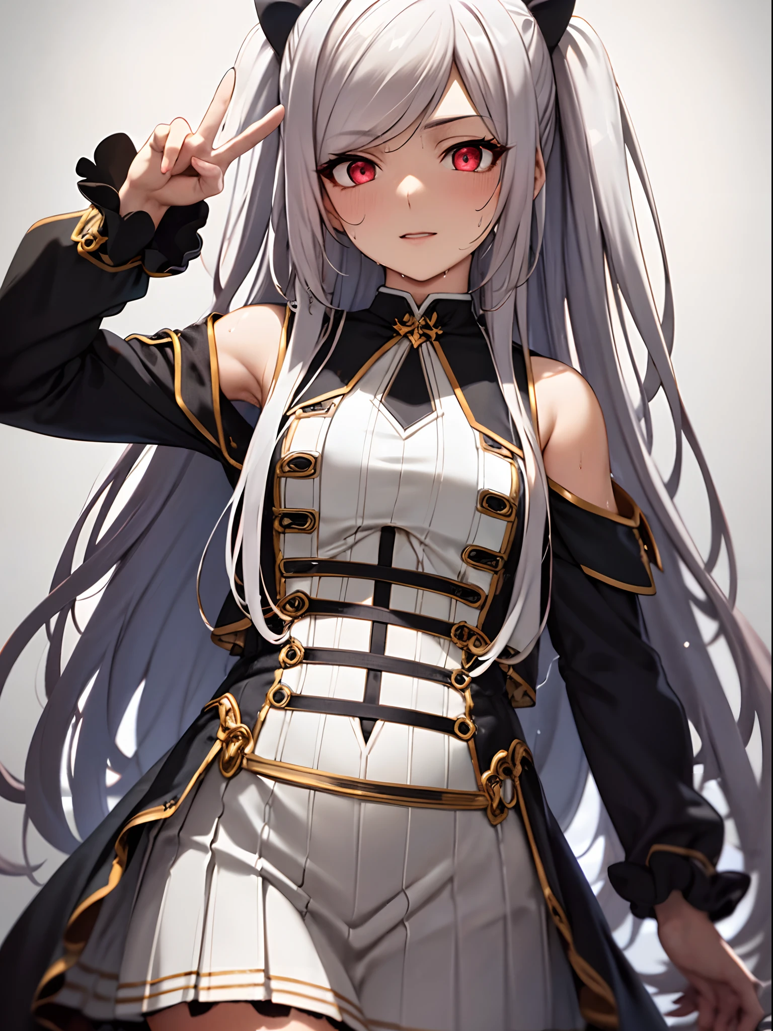 Ultra-detailed, hight resolution,[8k picture:1.15],Alexia Midgar,[Attractive eyes,A detailed eye、Colorful eyes、radiant eyes:1.25]、Cute Peace Sign、top-quality、 [3D images:1.15]、 one girls、Beautiful whole body、(Dress up in black and white colors:1.5)、Crystal clear silver hair, Delicate and sexy collarbone,Alexia, Pink lips, small nose, Bare shoulders, Focused face, The ultra -The high-definition, Super Details, Elegant standing position, Ultra-fine translucent wet yarn,Red Eyes、A cute girl no matter who looks、White skirt