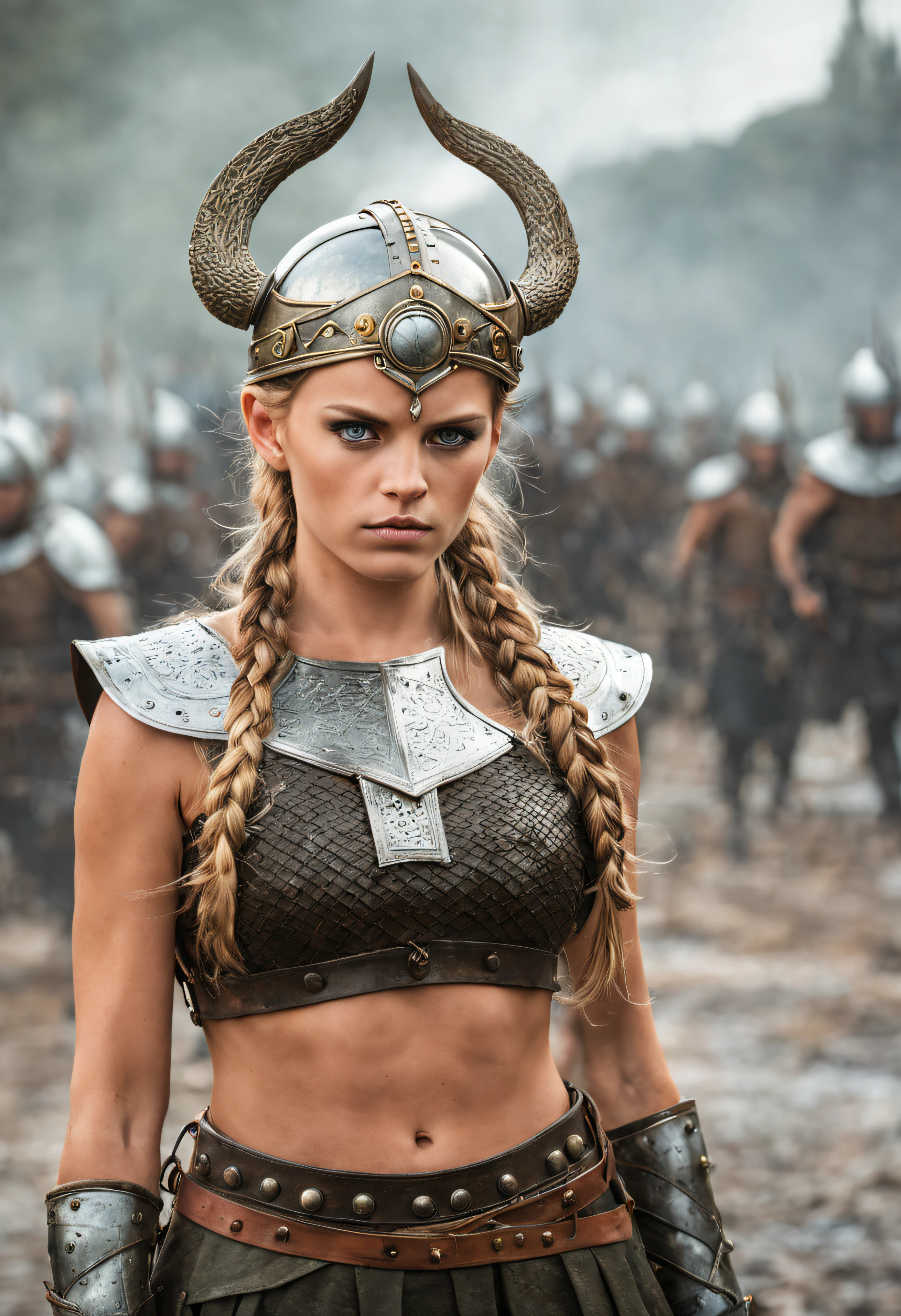 (cuerpo completo), guerrera vikinga, bellisima de ojos verdosos, con sus trenzas rubias largas, su casco de hierro y su correaje y protectores de metal, que dejan entrever un vestido sucio y rasgado con su minifalda sexy, por el fragor de la batalla, Stands in war zone on dynamic walking with frowning, iluminacion de la hora dorada, (intrincados detalles de la maquina).imagen fotorrealista,nitidez maxima, calidad 8k.(obra maestra de calidad superior).
