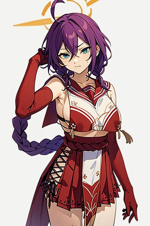 long hair, mole under mouth, purple hair, single braid, hair between eyes, aqua eyes, closed mouth,ahoge, serious expression, cowboy shot, white shirt, necktie,1girl,solo, large breasts, red sailor collar, breast curtain, red skirt, elbow gloves, outfit-tsubaki,standing,rifle,red spiral halo on head,hairclip