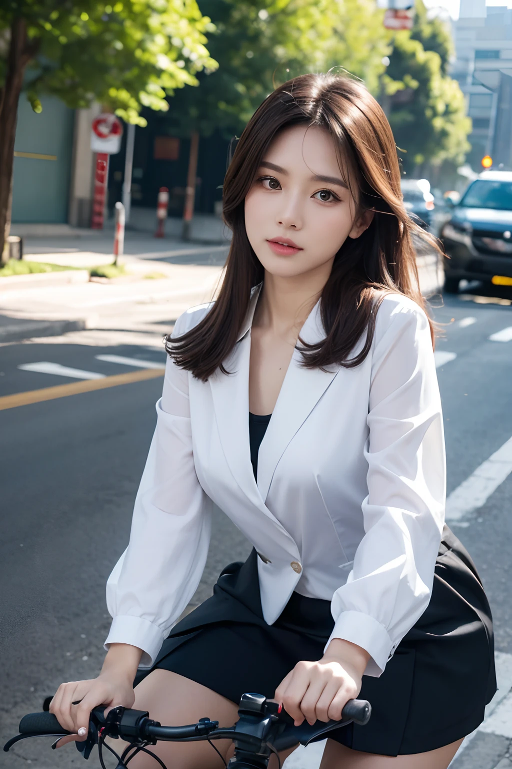 high qulity，4K，street，A beautiful woman dressed as a substitute driver，Riding an electric bike，on the roadside，Ultra detailed, (Detailed eyes), (Detailed face),