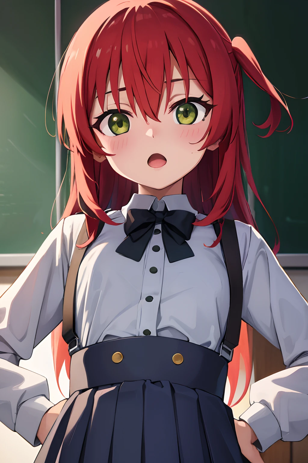 kitaikuyo, ikuyo kita, (green eyes:1.5), hair between eyes, long hair, one side up, red hair, (flat chest:1.2),
BREAK black footwear, black skirt, grey sailor collar, pleated skirt, sailor collar, school uniform, shoes, short sleeves, shuka high school uniform, skirt,,
BREAK looking at viewer,
BREAK indoors, classroom,
BREAK (masterpiece:1.2), best quality, high resolution, unity 8k wallpaper, (illustration:0.8), (beautiful detailed eyes:1.6), extremely detailed face, perfect lighting, extremely detailed CG, (perfect hands, perfect anatomy),up chest.big breasts.Sad face.open mouth.put hands on the hip