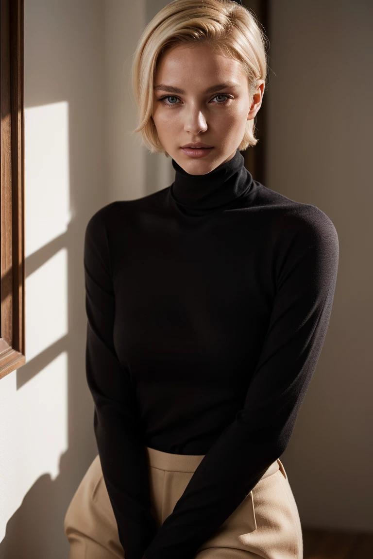Foto hiperrealista en primer plano de 20 years old Maria Bello, masterpiece, best quality, (photorealistic:1.4), portrait photo, black turtleneck sweater, night in living room, during the night, dark night, during night, cinematic light, beautiful woman, skinny, small breasts, blond hair, detailed face, smile, facing the camera, photo taken from a distance