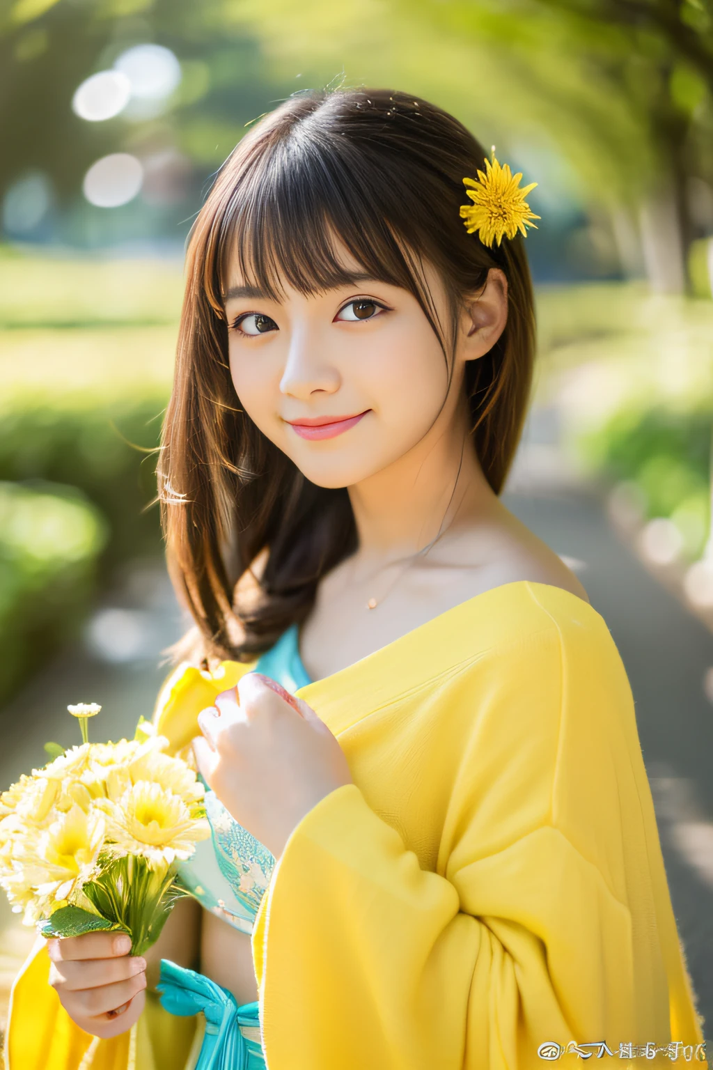 (Best Quality,8k,Absolutely beautiful:1.2)、(cute Japanese girls:1.8、Perfect gravure idol),(爆乳),Japan dandelion、Yellow World、Spring breeze、