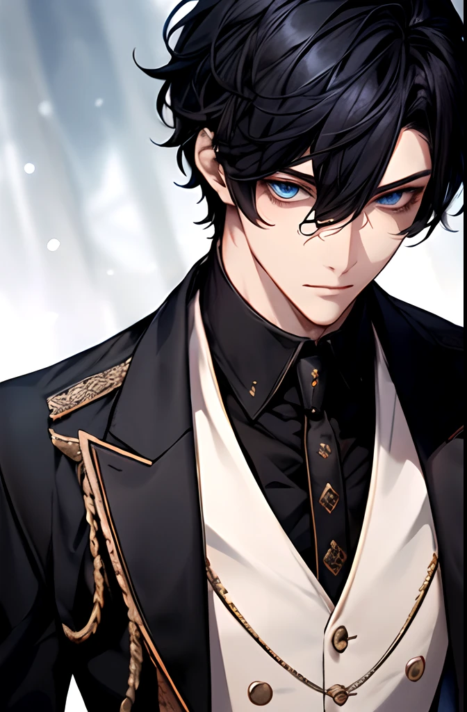 1male, Fully configurable, handsome, Stand alone..., Short black hair, Blue Eyes, Black suit, Royal Uniform, Formal suit, face focus, detailed background, diffused sunlight, Depth of Field, bokeh, detailed eyes