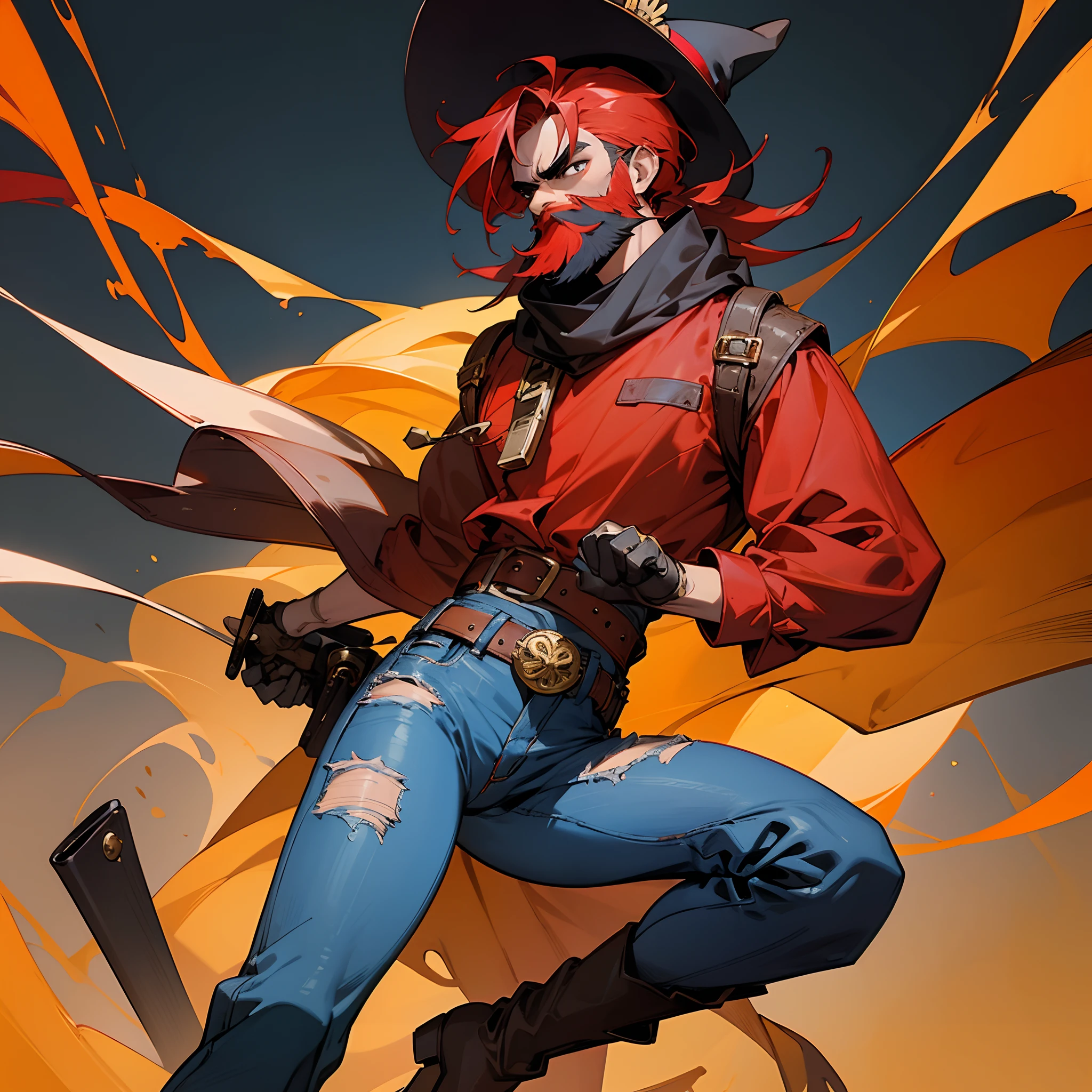 Angry dangerous outlaw, black eye mask, red shirt, black boots, blue denim jeans, two revolvers, red hair, yellow scarf tied around his neck, belt with a large gold buckle, long moustache and beard, big tan coloured wide brimmed hat