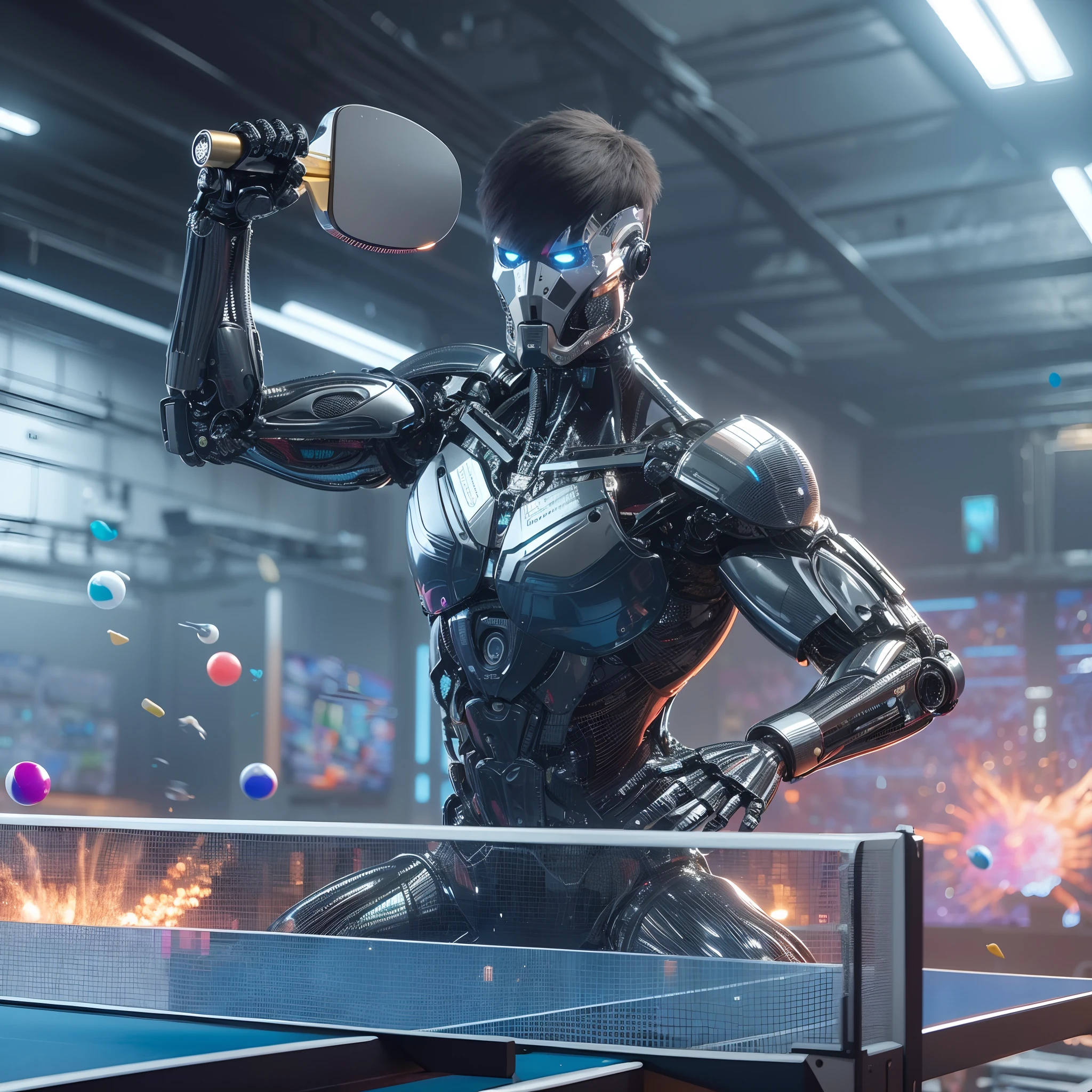 There's a robot that's playing ping pong in a game, strong artificial intelligence, Ciborgue no Data Center, filme ainda de um ciborgue legal, transumano, transumanista cyberpunk, transumano intrincado, Cyborg Tech no corpo e pernas, cg arte, foto de retrato, Directed by: Andrei Kolkoutine, em uma arena futurista, 3 d render 8 k tiro