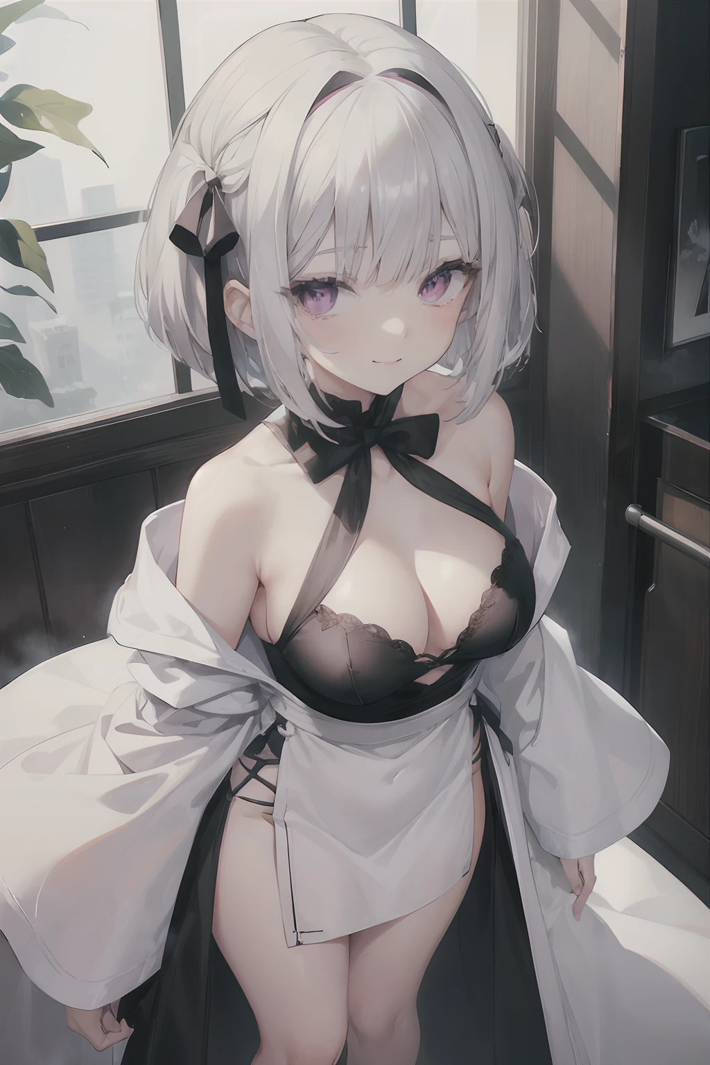 Mole under the eyes、s girl、silver bob cut、pink eye、white robes、Black dress、Shoulder out、look from above、breasts are large、Black Hair Ribbon、Thighs are attractive、Sauce order、Diagonal patsun bangs、Face with a grin