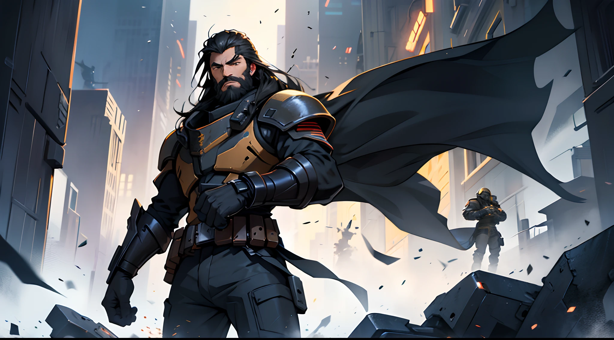 1 Man solo, he has a short black beard and he has long black flowing hair. he is Wearing futuristic armor with a cape. (Helldivers)