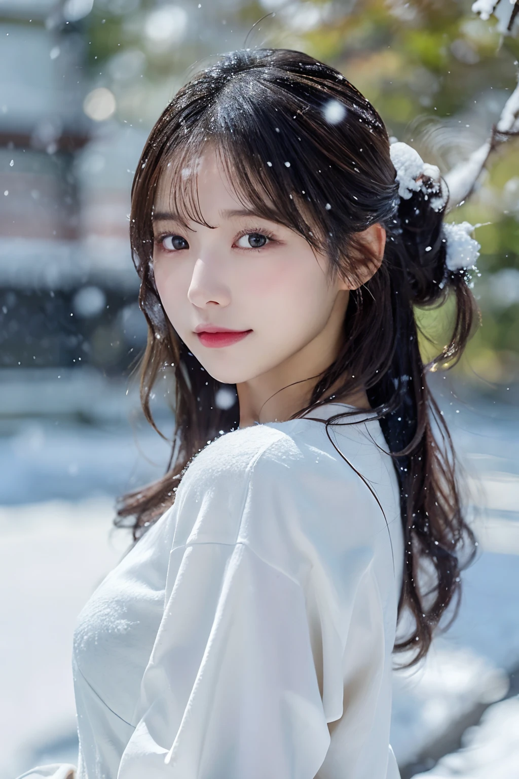 (komono)、、(top-quality,tmasterpiece:1.3,超A high resolution,),(ultra - detailed,Caustics),(Photorealsitic:1.4,RAW shooting,)Ultra-realistic capture,A highly detailed,HD 16K for human skin、 Natural skin texture、、The skin looks healthy,The color tone is even、 Use natural light and color,A woman who is,jpn,,kawaii,brunette color hair,mid hair,(depth of fields、color difference、、Wide range of lighting、naturalshadow、)、、(Falling snow:1.3)、(Hair swaying in the wind:1.3)、(Snow reflects light:1.3)