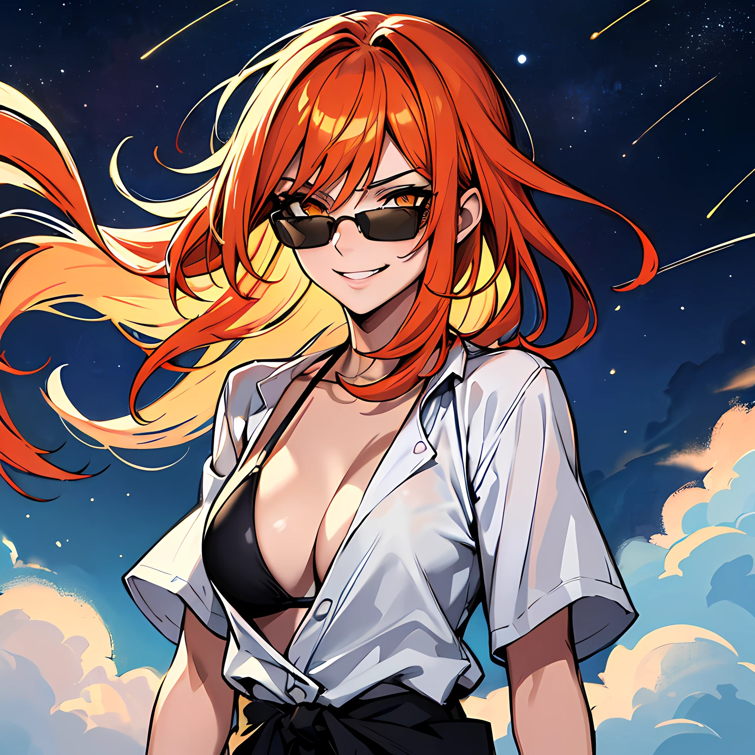 (absurdres, 8k, 4k, masterpiece, hyper extreme detailed:1.2), solo, 1girl, front view portrait, best quality, expressive eyes, perfect face, 1girl, portrait, solo, Female, mature female, adult, red hair, orange gradients, hair covering eye, medium hair, cool, confident, wild hair, messy hair, night time, cowboy shot, half body, perfect anatomy, flowing hair, windy hair, wind, fearless, cool, badass, shirt, rugged, golden eyes, starry night sky, stars, night, smirk, badass, heroic, sunglasses, smirk, orange swimwear, bikini,