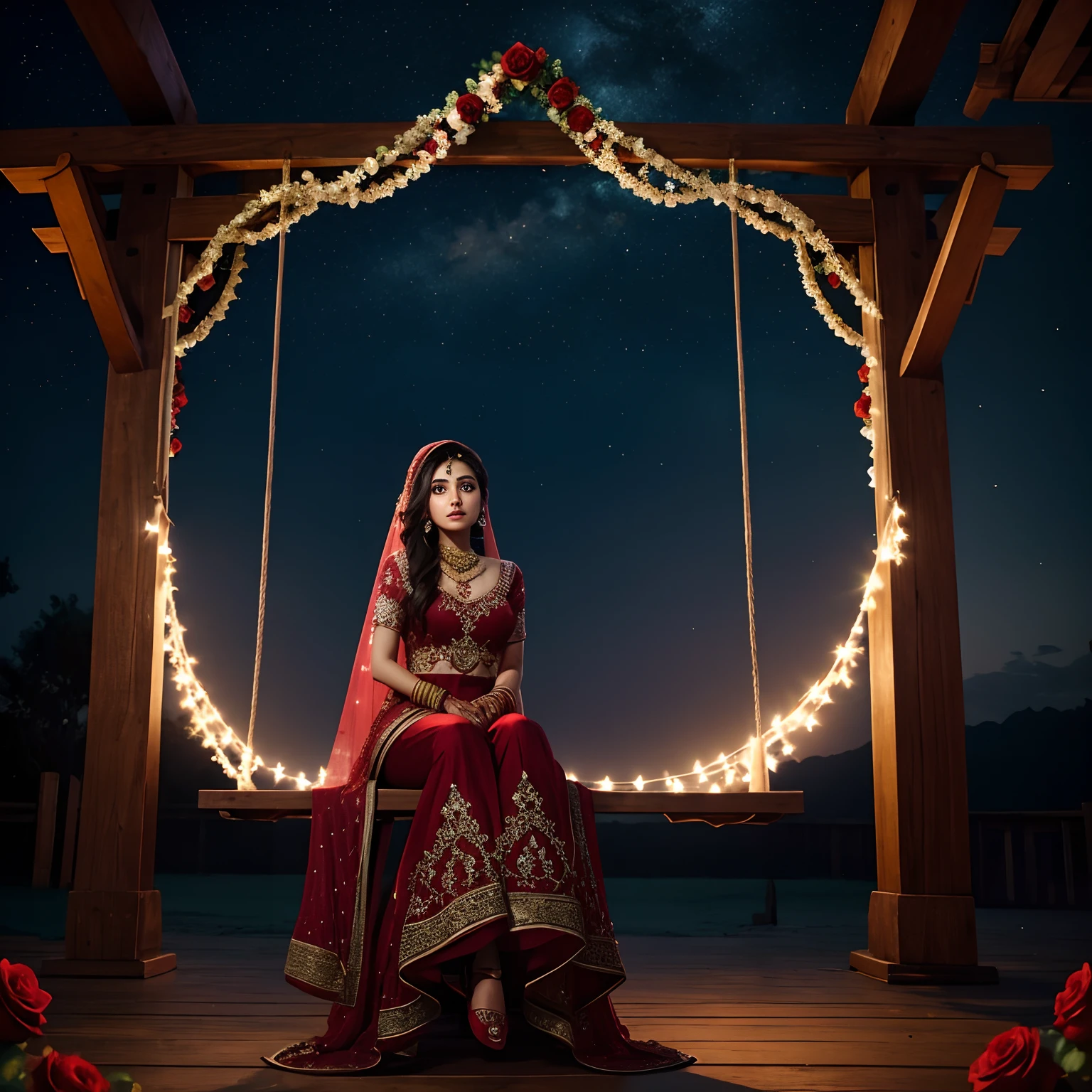 a 23 years old girl wearing red pakistani bridal dress, sitting on a handcrafted wooden swing, dark vlue sky background, stars in sky, cinematic, sky, roses on wooden swing, disney style