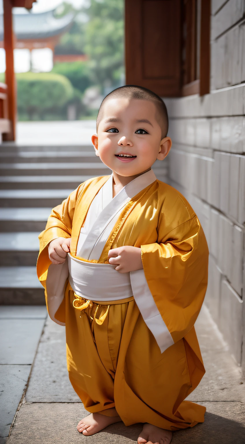 A -year-littlh a shaved head, dressed in a golden robe monk's attire, exuding a Chinese style. He is an adorable chubby child with plump cheeks, round big double eyelids, a high nose bridge, and his hands naturally resting at his sides. The background is a blurred image of a temple, high-definition, with illuminated lights, creating a realistic and highly detailed scene