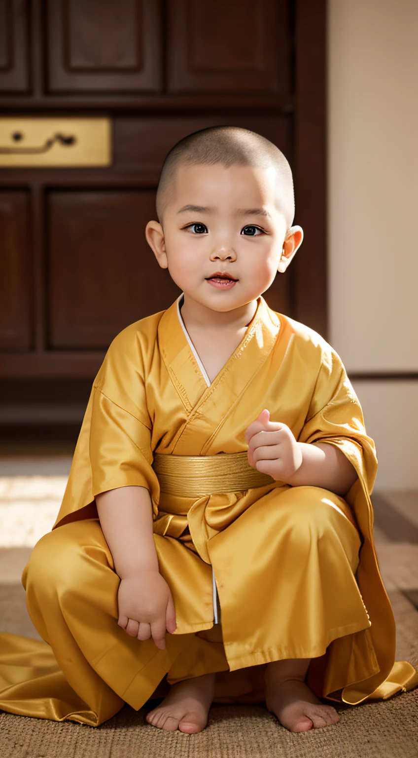 A three-year-old little monk with a shaved head, dressed in a golden robe monk's attire, exuding a Chinese style. He is an adorable chubby child with plump cheeks, round big double eyelids, a high nose bridge, and his hands naturally resting at his sides. The background is a blurred image of a temple, high-definition, with illuminated lights, creating a realistic and highly detailed scene