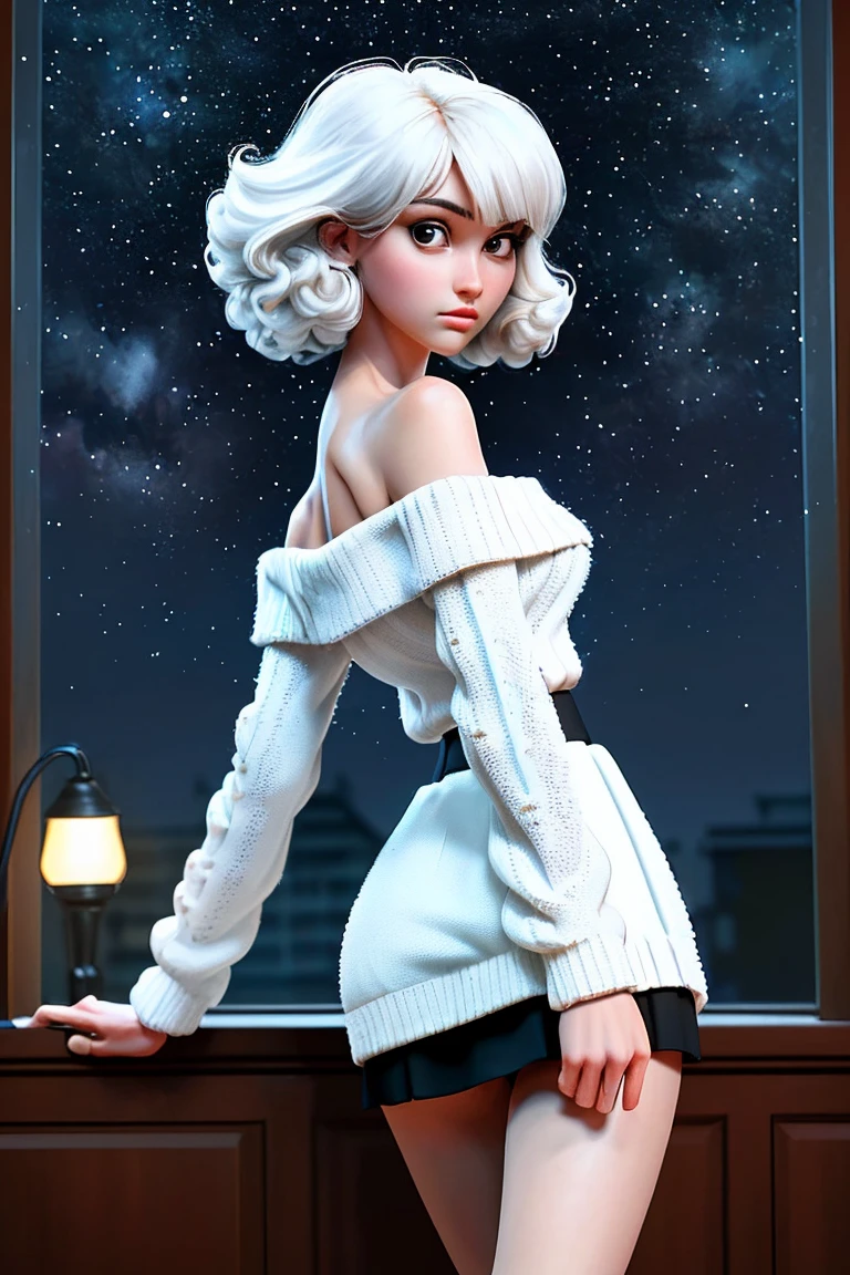 ((Looking back)), (((full bodyesbian))), ((Realistic)), ((From behind, From below)), ((off-the-shoulder clothes)), Beautiful young girl, Beautiful Korean model, cabellos largos dorados, curlies, By bangs, (slender leg), (cold light, the night, starrysky), (at winter season, nevando). ((White sweater, Short black skirt), Detailed scenes, the detail，Hyper-detailed, (correct hand), (anatomy correct), (best qualtiy，tmasterpiece)