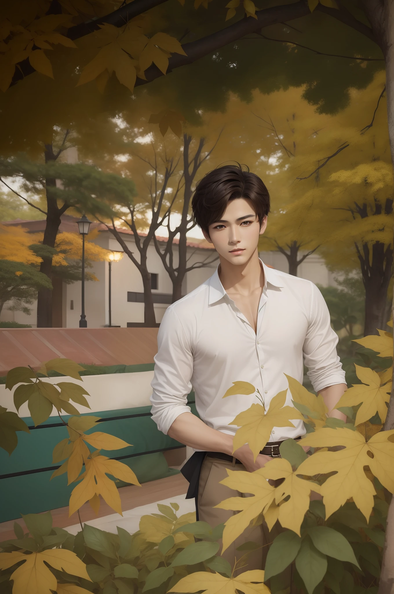 （​masterpiece）8K分辨率、top-quality、Handsome young man 、Brown pixie cut、black eyes、Model Style elegent、Anime style