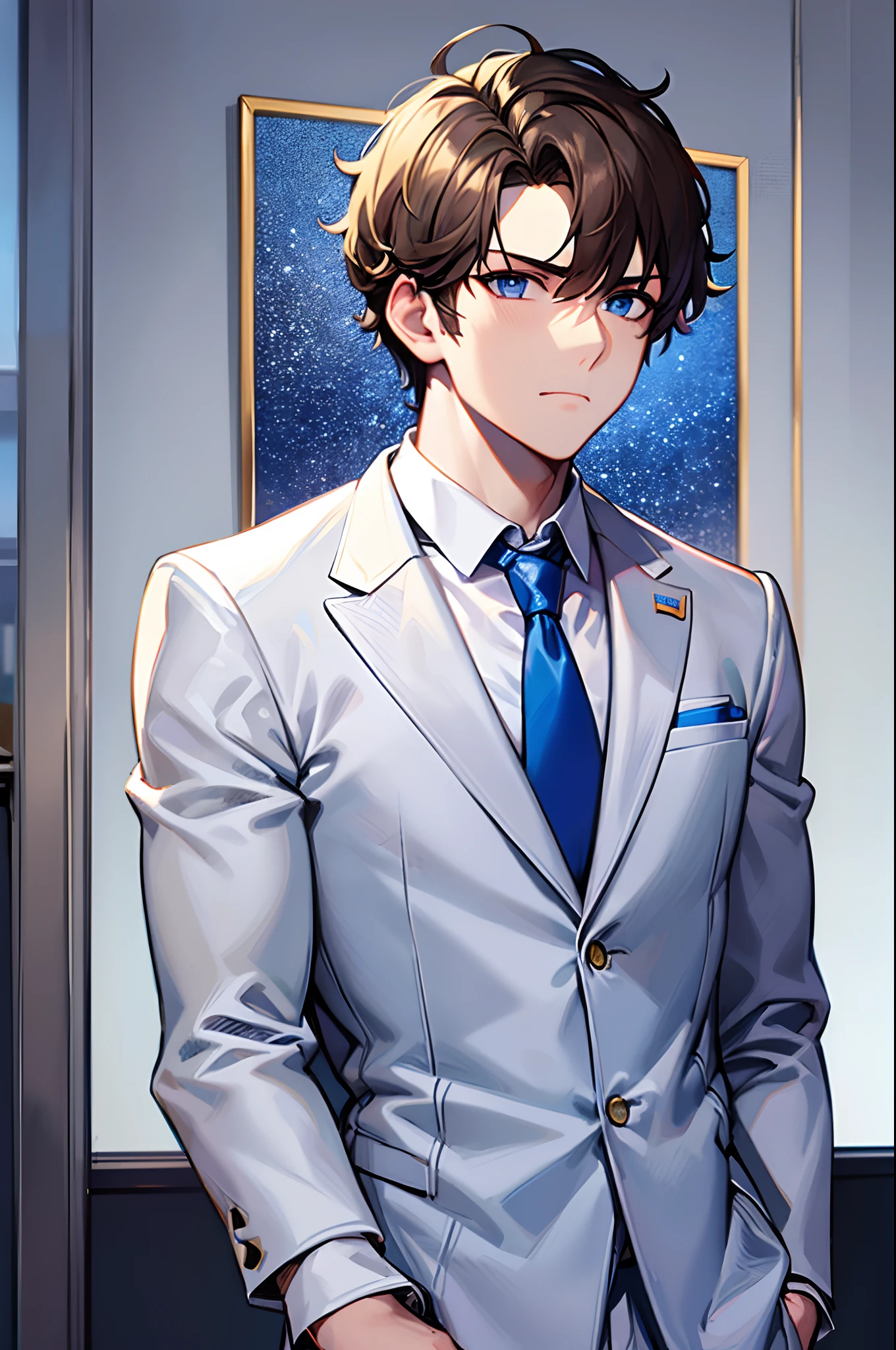 Elite School uniform, white blue clothing, white tuxedo, blue pants, golden buttons, blue neck tie, young man, 20 years, light brown hair, short hair, blue eyes, detailed eyes, beautiful eyes, muscular, tall, 6.3 foot tall, serious pose, strong, masterpiece, detailed design, masterpiece, classroom background, school,