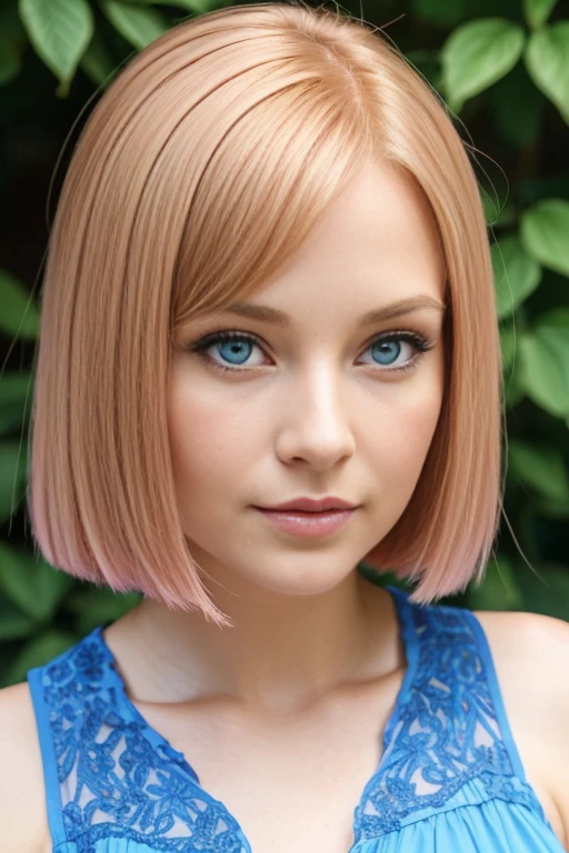 Petite 30 year old woman with light strawberryblonde hair in a straight undercut bob and striking blue eyes wearing eye liner, pink lips, in a blue summer dress, detailed face