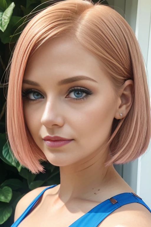 Petite 30 year old woman with light strawberryblonde hair in a straight undercut bob and striking blue eyes wearing eye liner, pink lips, in a blue summer dress, detailed face