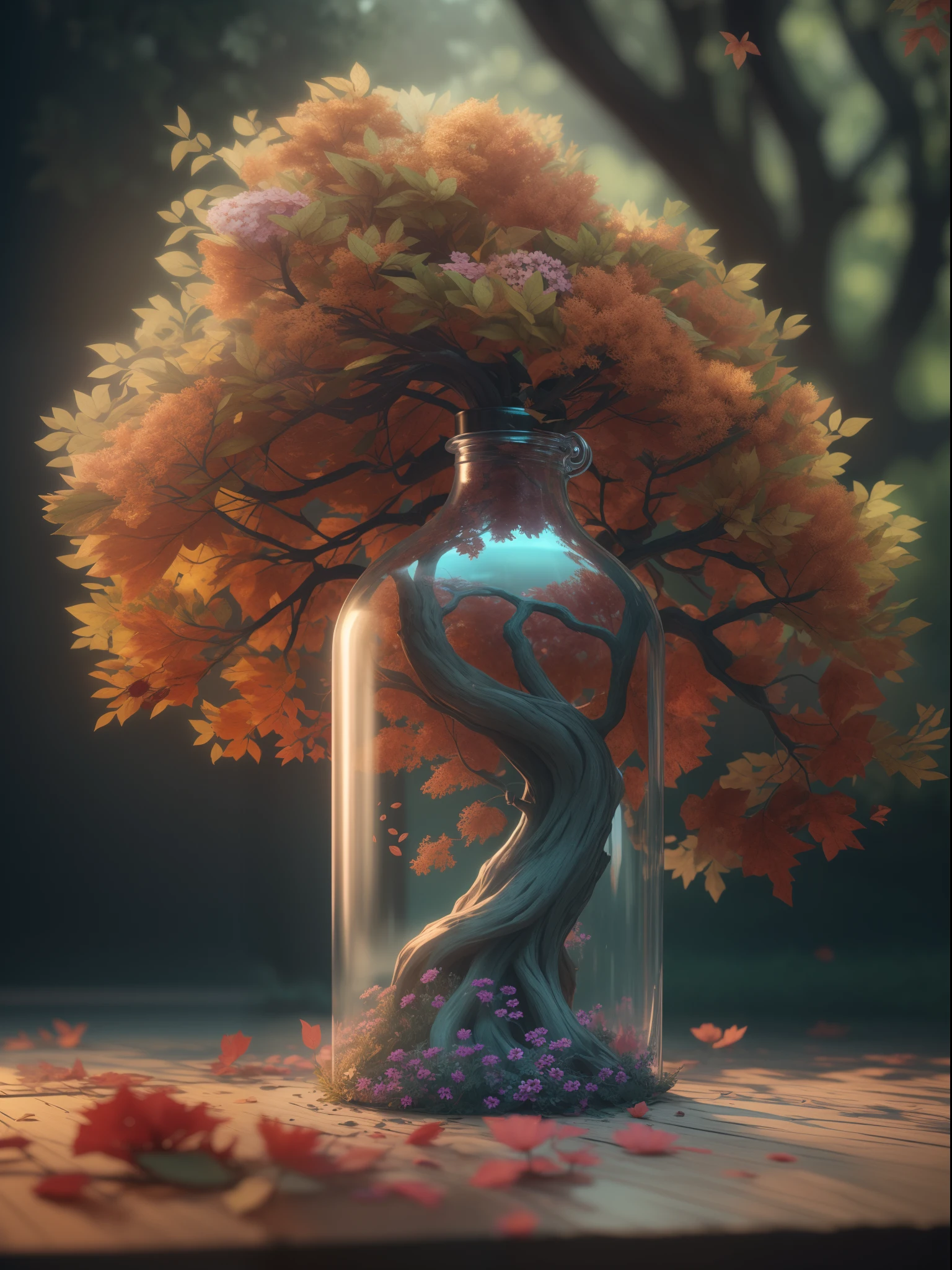 dreamlikeart tree in a bottle, fluffy, realistic, photo, canon, dreamlike, art, colorfull leaves and branches with flowers on top of its head. hyperdetailed photorealism by greg rutkowski, lifelike high res sharp focus contrast!! intricate detailed atmospheric light refraction lighting cinematic concept photography masterpiece octane render trending at cgsociety rendered as