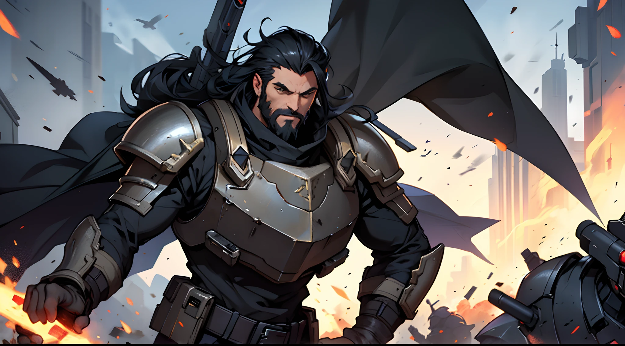 1 Man solo, he has a short black beard and he has long black flowing hair. he is Wearing futuristic armor with a cape. (Helldivers)