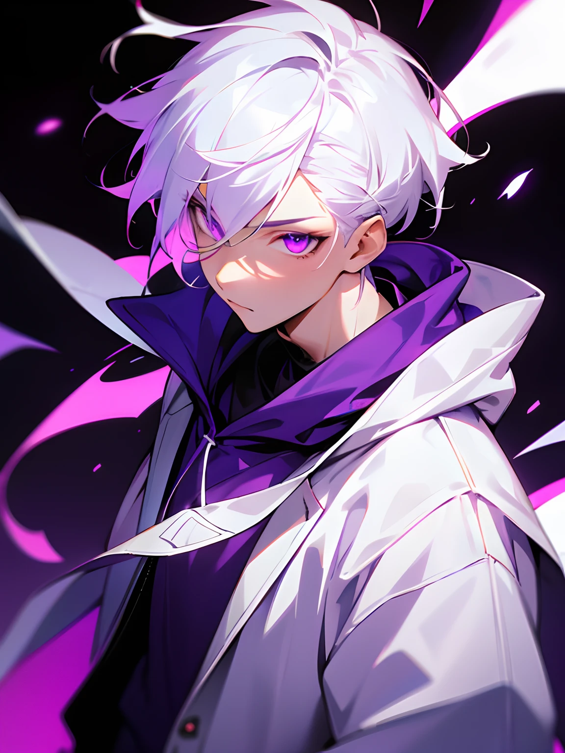 Boy with white hair glowing purple radiant eyes wearing a stylish fashion hoodie