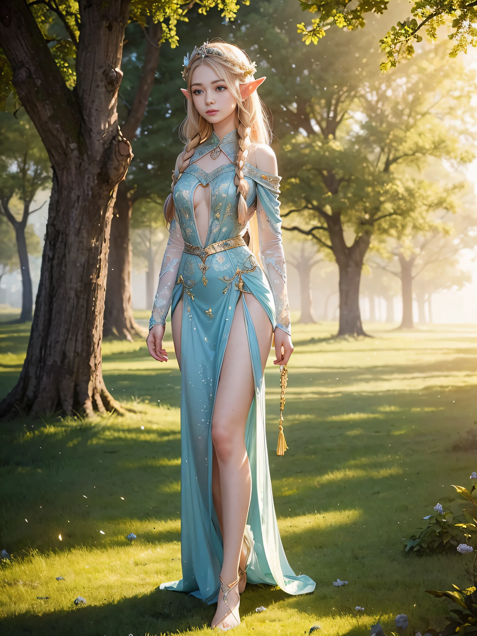 Graceful elven girl standing in meadow, Delicate face illuminated by the soft light of the setting sun. Her long, Flowing hair runs down your back, Decorated with intricate braids、Adorned with sparkling gemstones. This great photo is、、、It captures the ethereal beauty of elves. Slender figure in silk dress、Swaying in the soft steppe breeze. Attention to detail、Face that is、Face that is、Face that is、Face that is、It is evident in the intricate patterns of the dress and the subtle highlights of the luminescence. skin. The breathtaking portrayal of the elven girl is、、、、、Create an enchanting atmosphere、It invites the viewer to a magical world.