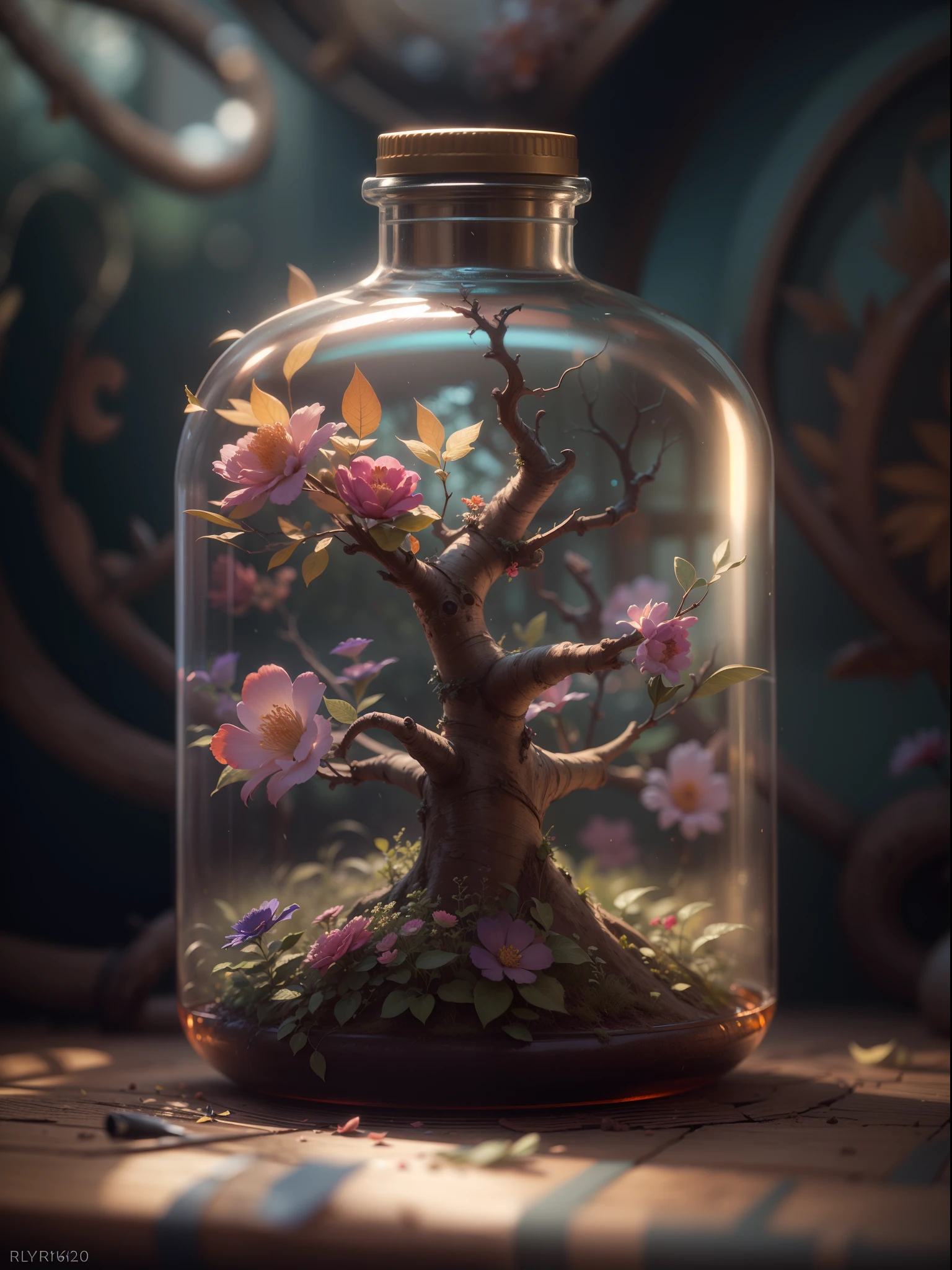dreamlikeart tree in a bottle, fluffy, realistic, photo, canon, dreamlike, art, colorfull leaves and branches with flowers on top of its head. hyperdetailed photorealism by greg rutkowski - h 1024 w 804 | f 1 6 lens mark 2:2 s 3555 mm film grain :1 lifelike high res sharp focus contrast!! intricate detailed atmospheric light refraction lighting unreal engine 5 cinematic concept photography masterpiece octane render trending at cgsociety rendered as