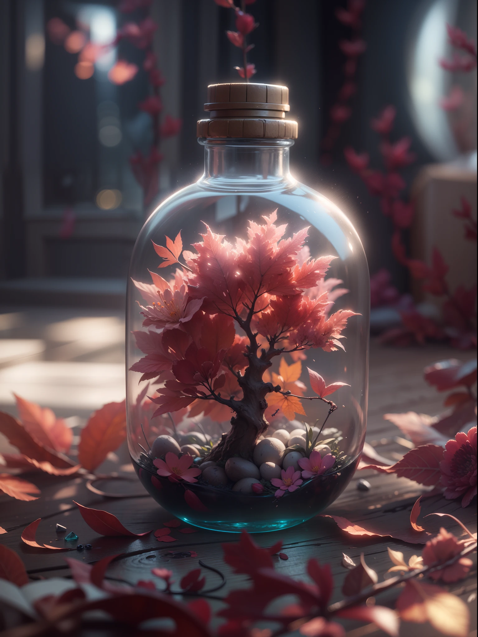 dreamlikeart tree in a bottle, fluffy, realistic, photo, canon, dreamlike, art, colorfull leaves and branches with flowers on top of its head. hyperdetailed photorealism by greg rutkowski - h 1024 w 804 | f 1 6 lens mark 2:2 s 3555 mm film grain :1 lifelike high res sharp focus contrast!! intricate detailed atmospheric light refraction lighting unreal engine 5 cinematic concept photography masterpiece octane render trending at cgsociety rendered as