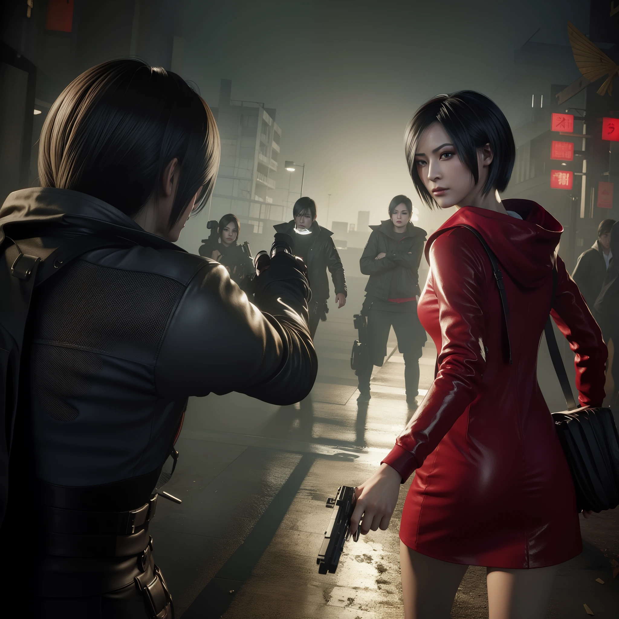 Ada wong, beautiful face, woman, bob hair, perfect Face, wearing mini red dress hoody, wearing hoody, black nail polish, glare face