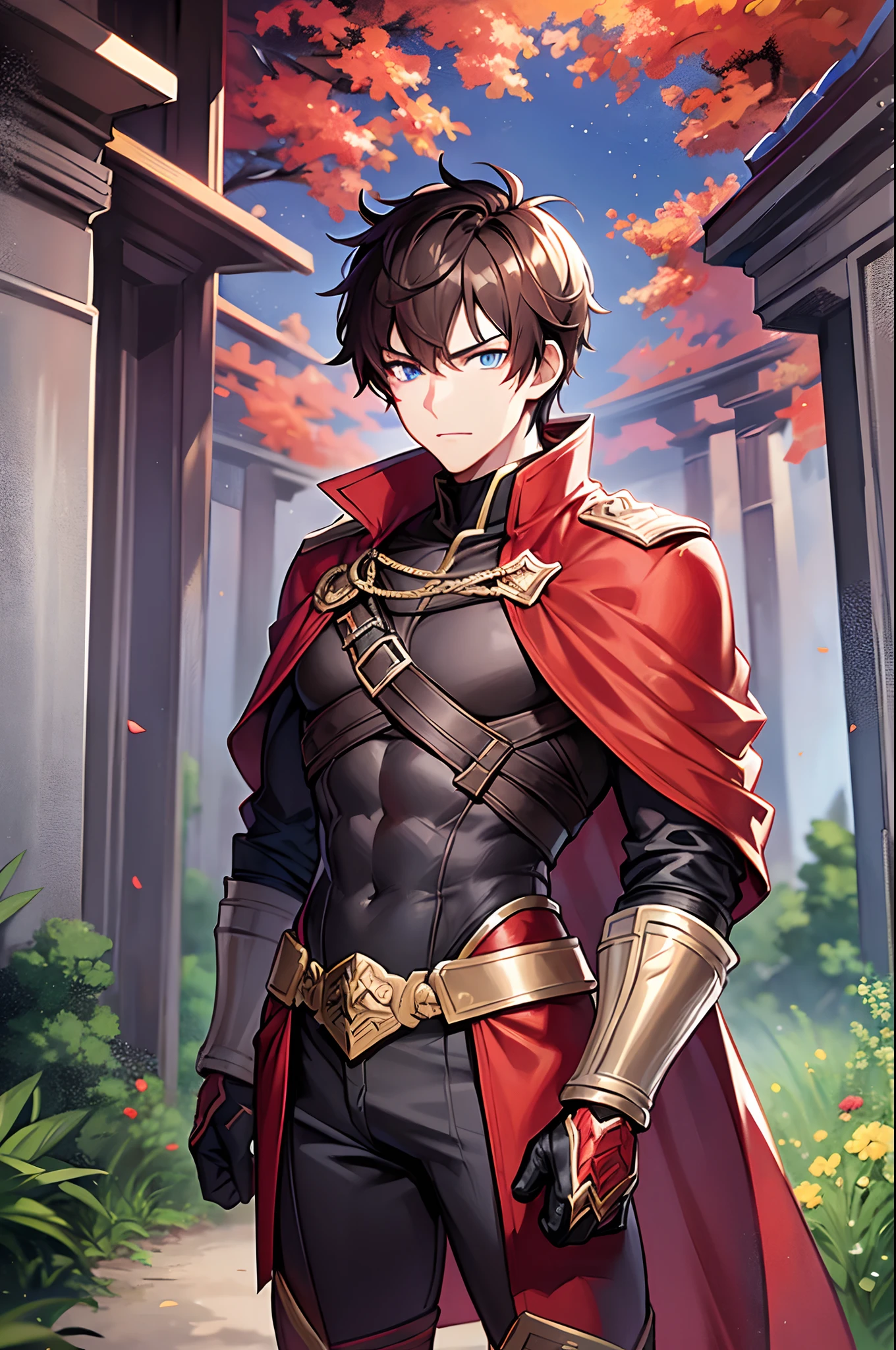 Adventurers Uniform, red clothing, black coat, young man, 20 years, light brown hair, short hair, blue eyes, detailed eyes, beautiful eyes, muscular, tall, 6.3 foot tall, serious pose, strong, masterpiece, detailed design, fields background, dirt path background, adventurer world