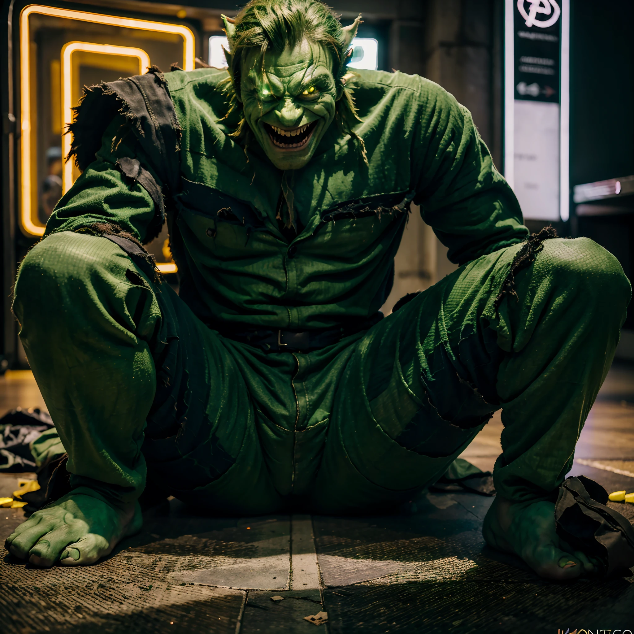 A really happy, green goblin monster, he’s a man, long big nose, wearing torn clothes, sitting on the floor, neon lights, 8k, high quality, high detail