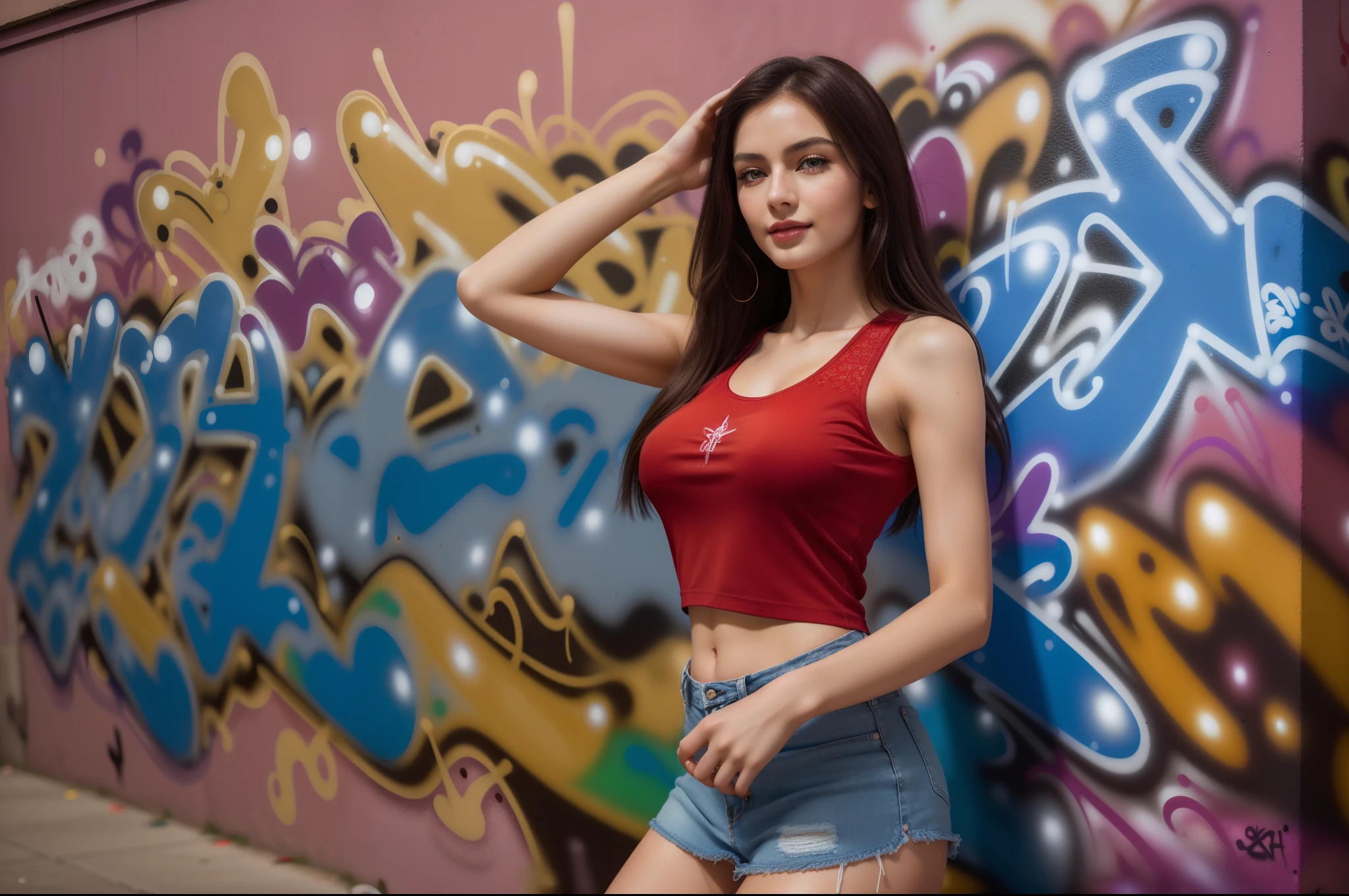 nsfw,((full-body, cinematic-shot)),(best quality,4k,8k,highres,masterpiece:1.2),ultra-detailed,(realistic,photorealistic,photo-realistic:1.37),(((1girl))),(((solo))),(18years old),[the face is combination of (((irene1:1.2))) and (((Excella_er5:1.2)))],(sharp focus:1.5),beautiful detailed eyes,beautiful detailed lips,extremely detailed eyes and face,long eyelashes,gorgeous girl,feminine charm,pearl skin,(skin pores:1.1),extremely detailed face and skin texture,(skin texture:1.1),black hair,soft and smooth hair,tall and slender body,(192cm tall),thin and delicate figure,graceful posture,strong and defined muscles,flawless skin,defined abs,perfect curves,feminine appearance,beautiful long legs,embodying elegance and beauty,happy expression,full-smile,cleavage breasts,((wearing a ((red:1.4)) tank-top:1.3)),(no panty),(ultra-short miniskirt),((ripped jeans miniskirt)),vibrant colors,extremely detailed and realistic ((red)) clothes,(colorful),(film grain:1.3),official art,(beautiful and aesthetic:1.2),extremely detailed,(graffiti art:1.4),(modern night life:1.4),highest detailed,(dark abstract background:1.4),(shiny skin),(dark red colors:1.4),