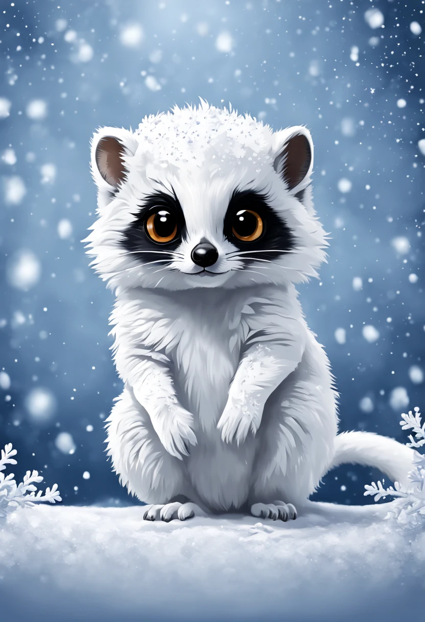 Snow White Lemur with powder snow swirling all around, in 2d chibi art style, masterpiece, best quality, winter background