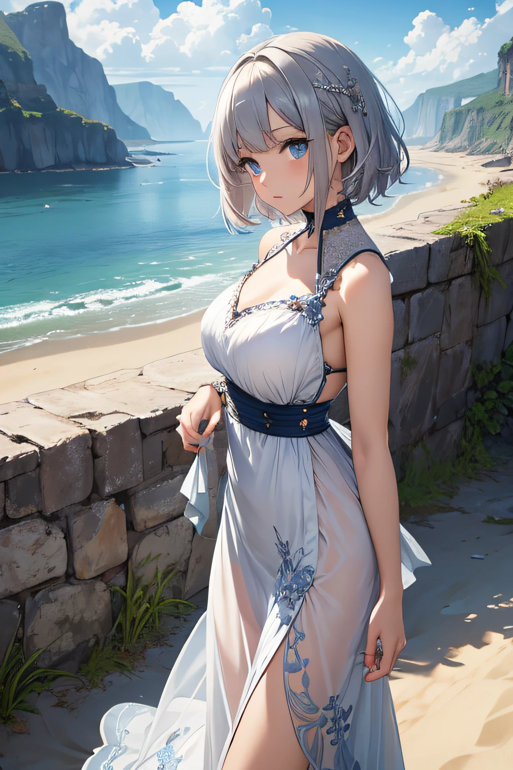 ​masterpiece、Massive landscape（（Mysterious Sea、sand beach））、a beauty girl、huge tit、Silver-haired shorthair、Embroidery on a long dress