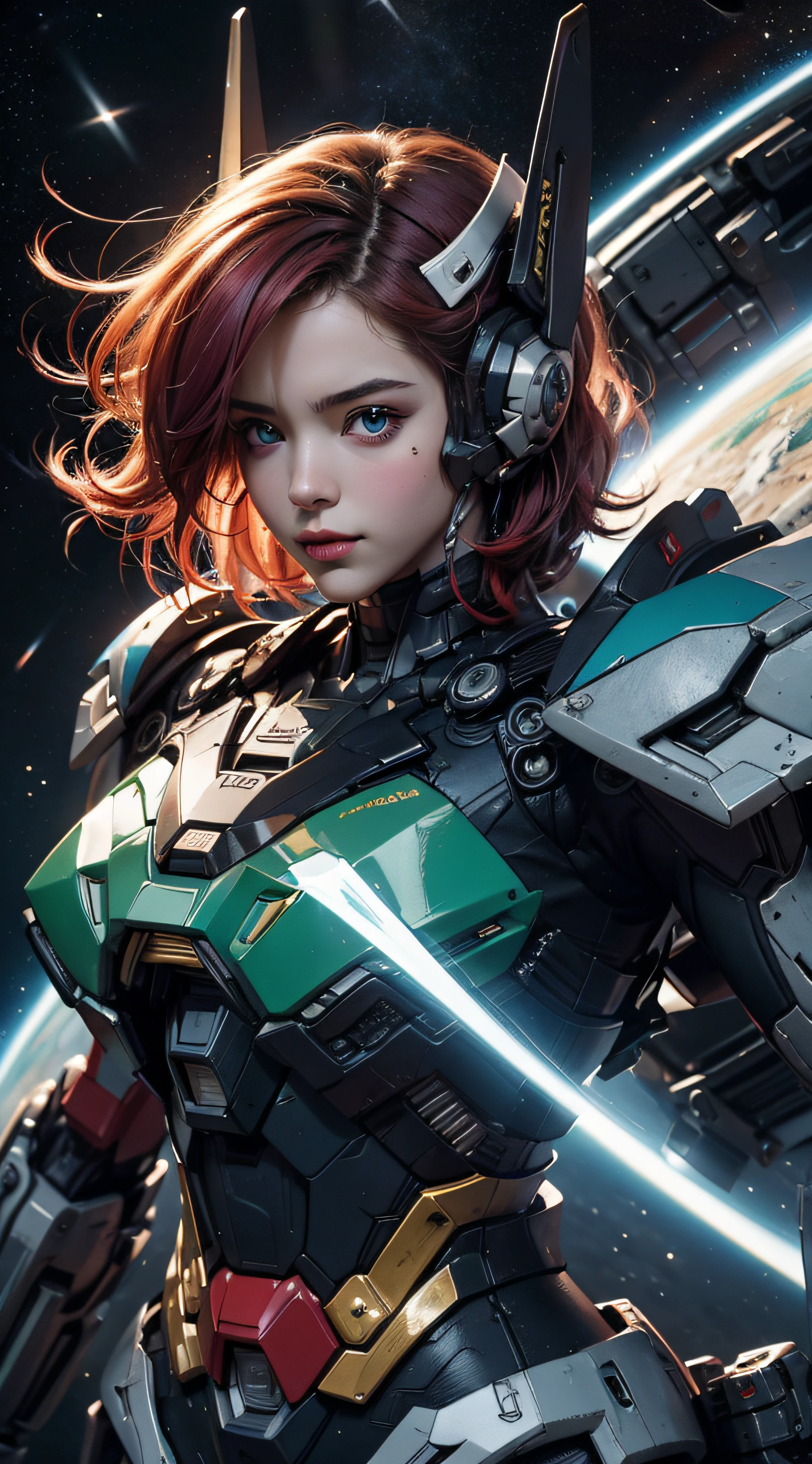 Textured skin, Super Detail, high details, High quality, Best Quality, hight resolution, 1080p, hard disk, a beauty、She wears a futuristic Gundam mecha(Gundam), pimk hair, space background, vivid colors