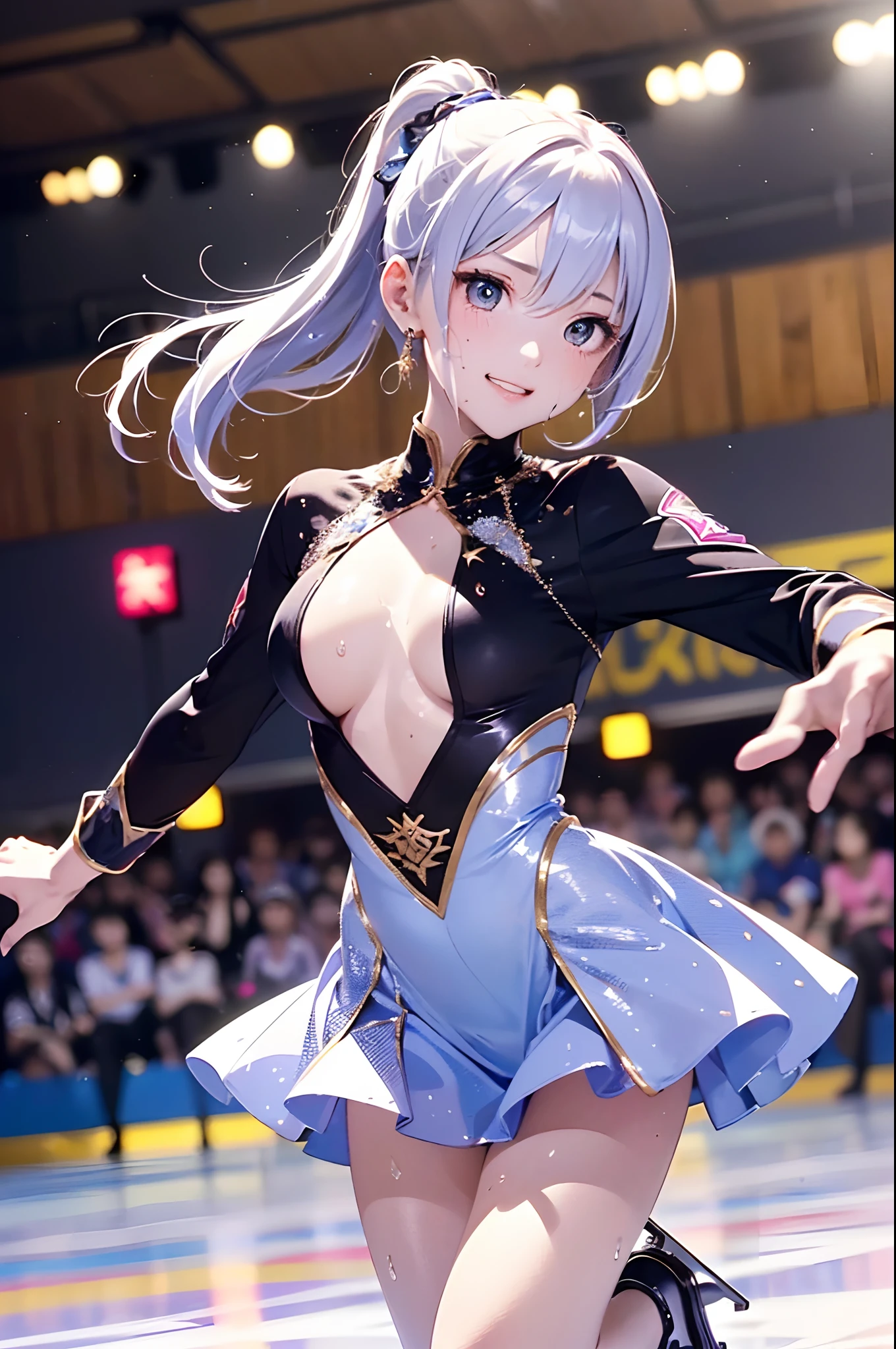 (Official art、Best Quality、Unity 8k Wallpapers、32K、masterpiece、ultra-detailliert、超A high resolution、realisitic、Photorealsitic:1.2)、(Cinematic lighting:1.2)、(Full body)、Realistic pupils、Sharp pupils、Brightly colored figure skating costumes、While skating、frilld、foco nítido、(Self-filling appearance:1.2)、I opened my mouth a little、A slight smil、There were a lot of people in the audience、It has an enthusiastic audience、(Play Figure Skating)、thighs thighs thighs thighs、(dynamicposes:1.2)、(Sweating:1.2)、