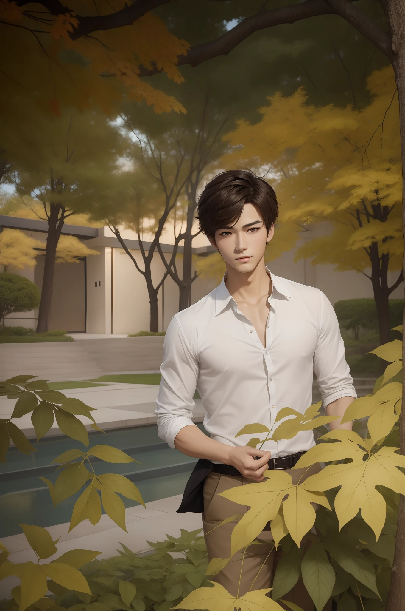 (masterpiece)8K分辨率、top-quality、Handsome young man 、Brown pixie cut、black eyes、Model Style elegent、Anime style