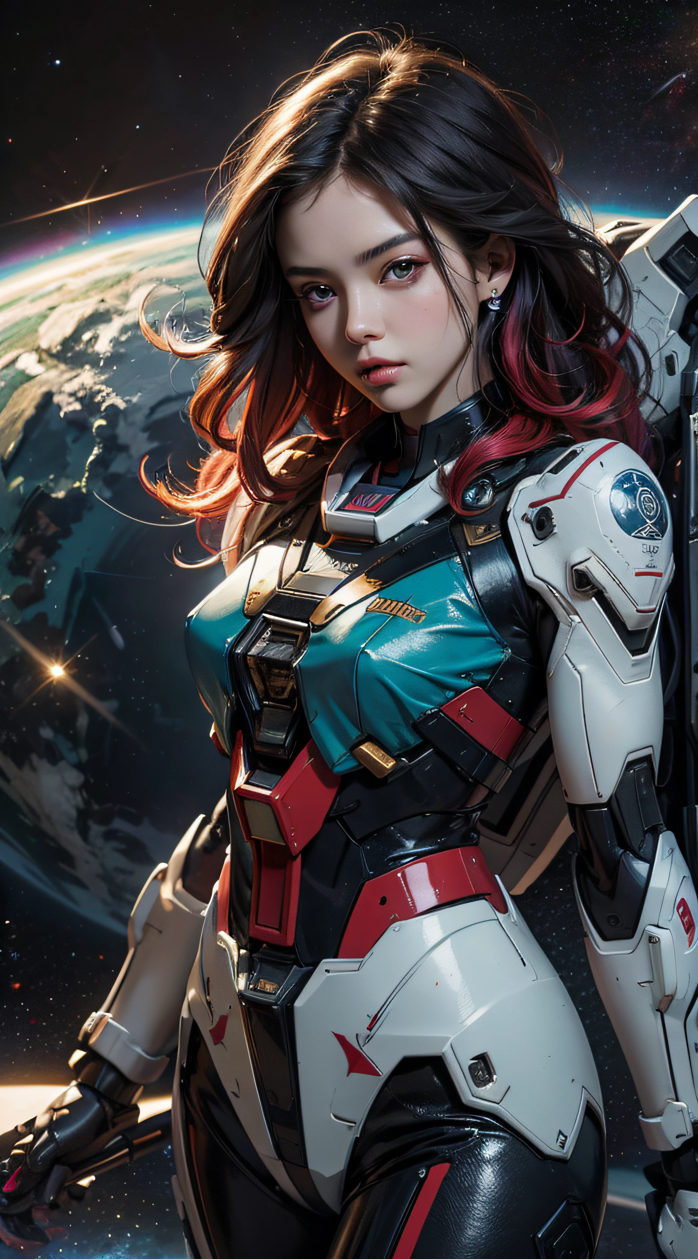 Textured skin, Super Detail, high details, High quality, Best Quality, hight resolution, 1080p, hard disk, a beauty、She wears a futuristic Gundam mecha(Gundam), pimk hair, space background, vivid colors