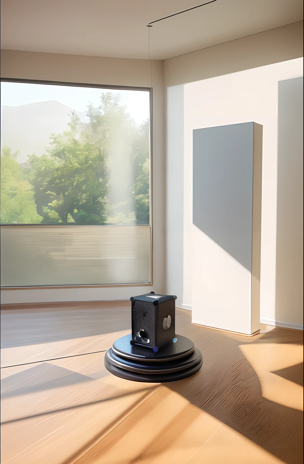 Masterpiece,k hd,Black speaker in the living room,bright windows,Beautiful scenery outside the window,Nice flooring,Natural light and shadow,Light background,