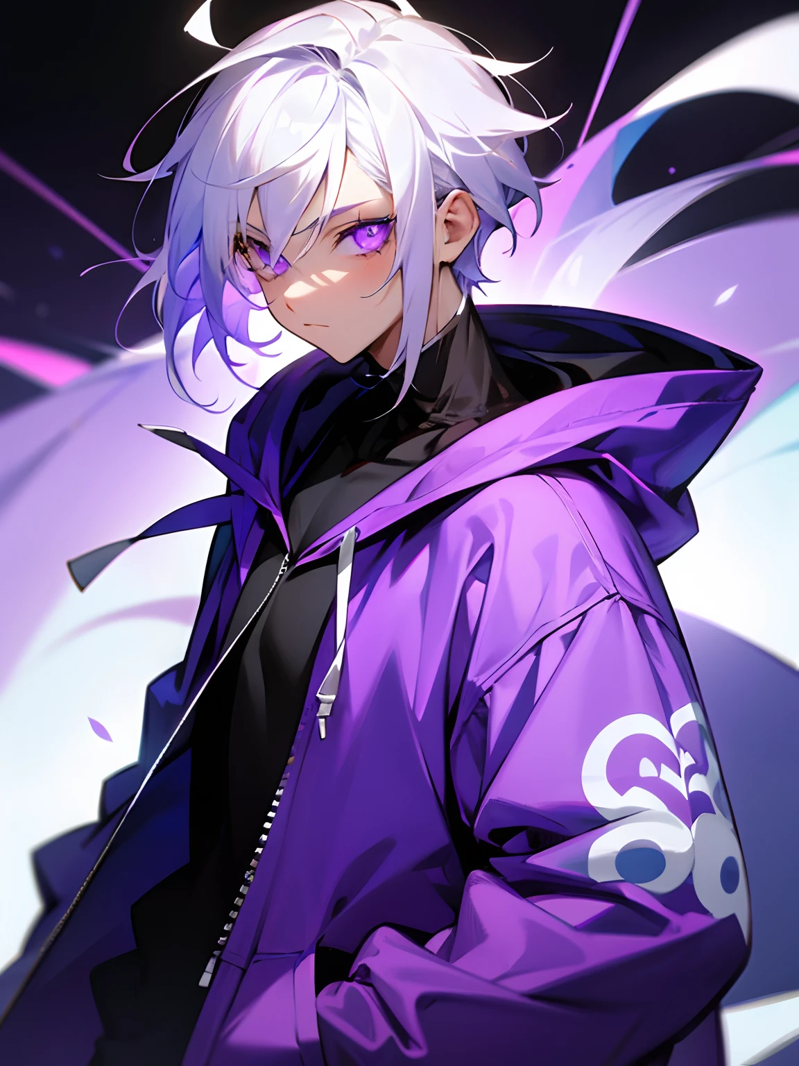Boy with white hair glowing purple radiant eyes wearing a stylish fashion hoodie