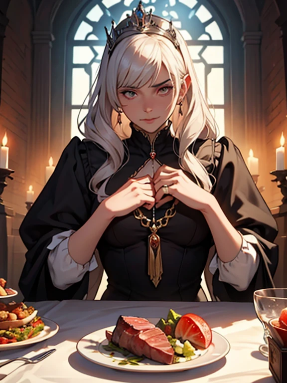 Imperial sister dress white braid Face up White skin Anime Best masterpiece Gao Leng Holding a goblet The goblet is filled with red wine Pure eyes Wearing beautiful pupils