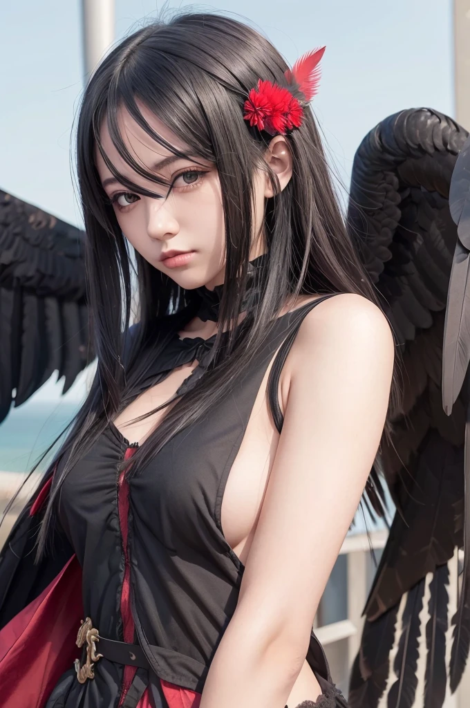 1girl,
bird,
black_feathers,
black_wings,
breasts,
crow,
feathered_wings,
feathers,
gloves,
long_hair,
mask,
medium_breasts,
red_eyes,
solo,
wings,
rating:safe,