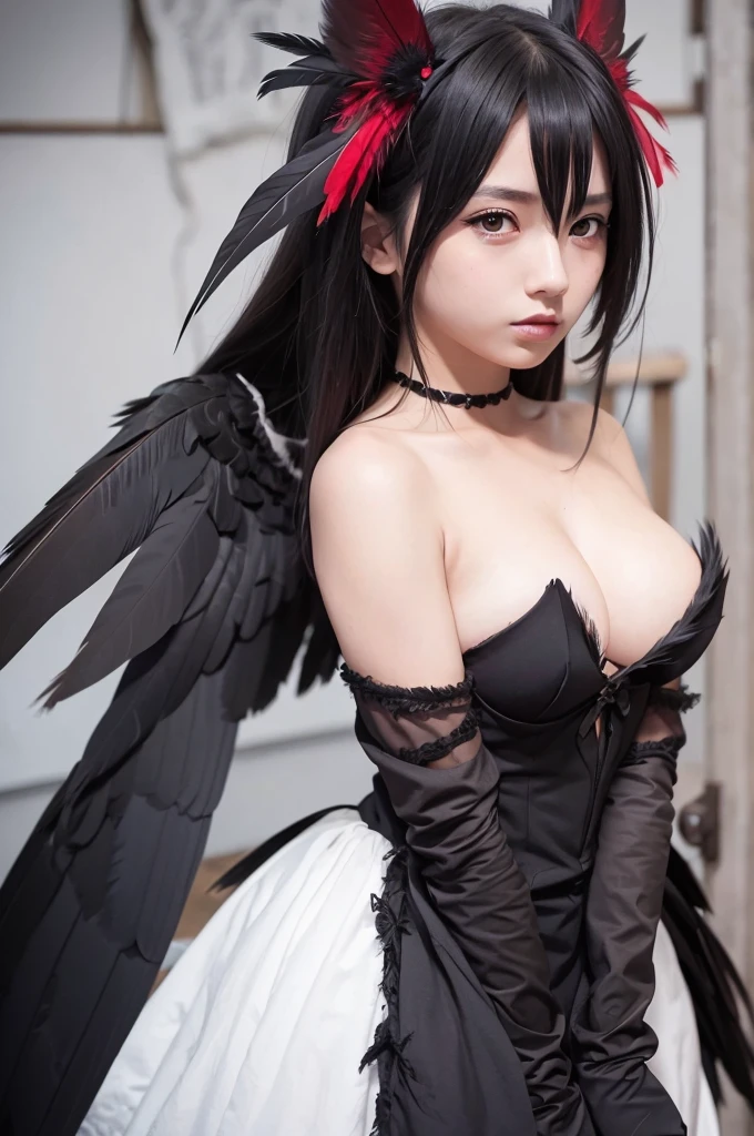 1girl,
bird,
black_feathers,
black_wings,
breasts,
crow,
feathered_wings,
feathers,
gloves,
long_hair,
mask,
medium_breasts,
red_eyes,
solo,
wings,
rating:safe,